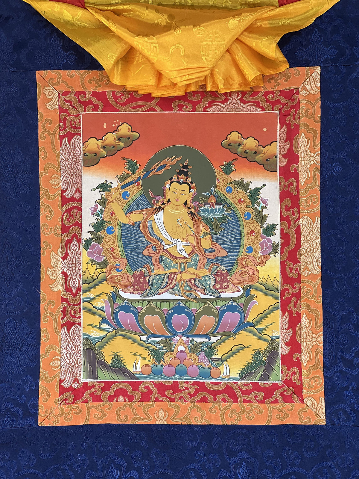 Hand-Painted Manjushri Bodhisattva Thangka Painting with Silk Border