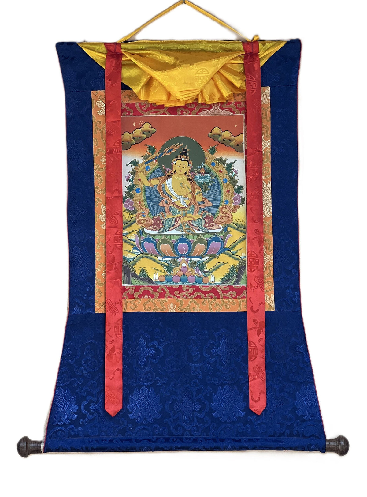 Hand-Painted Manjushri Bodhisattva Thangka Painting with Silk Border