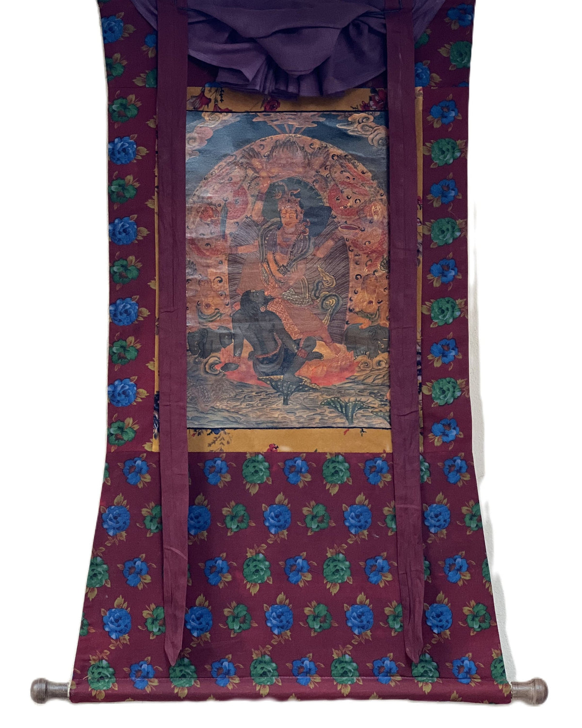 Goddess Durga Thangka Painting, Hindu Art with Cotton Brocade