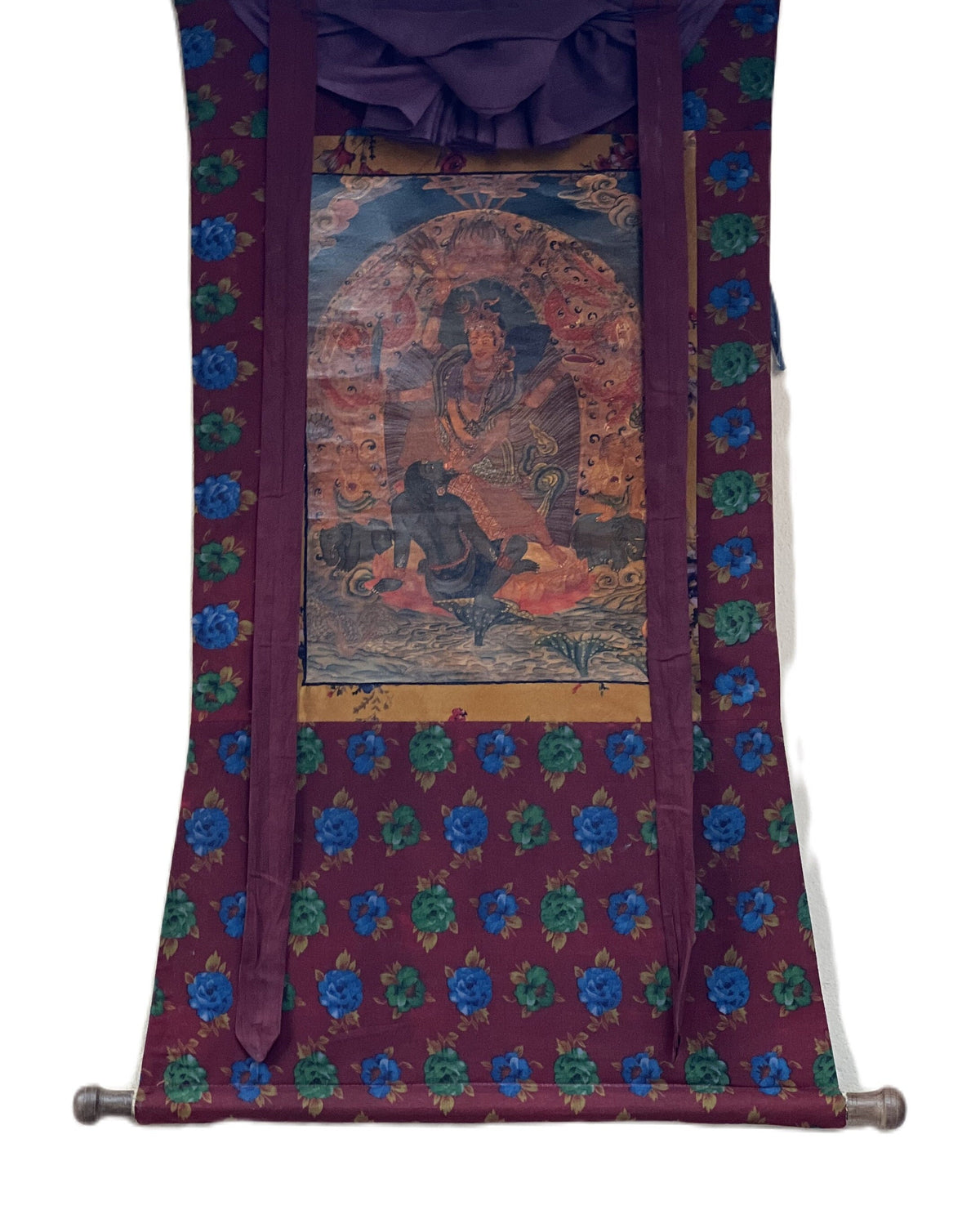 Goddess Durga Thangka Painting, Hindu Art with Cotton Brocade