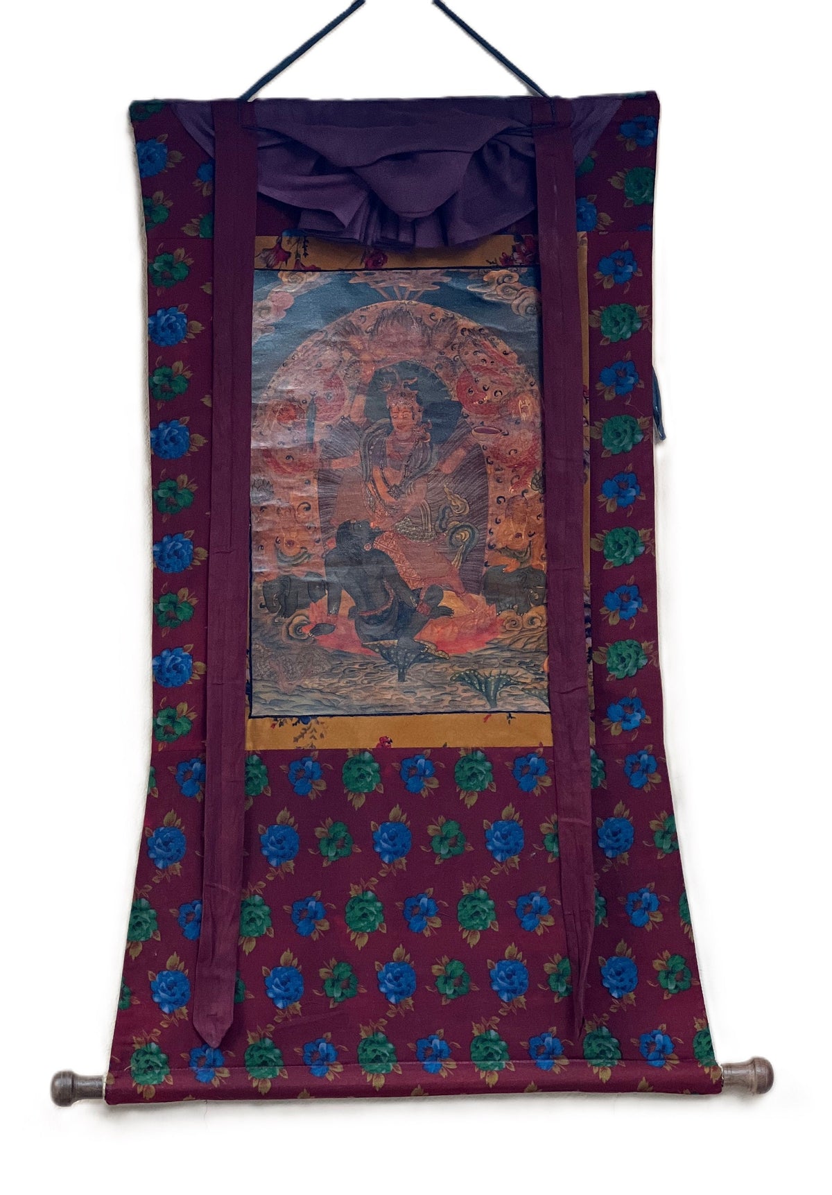 Goddess Durga Thangka Painting, Hindu Art with Cotton Brocade