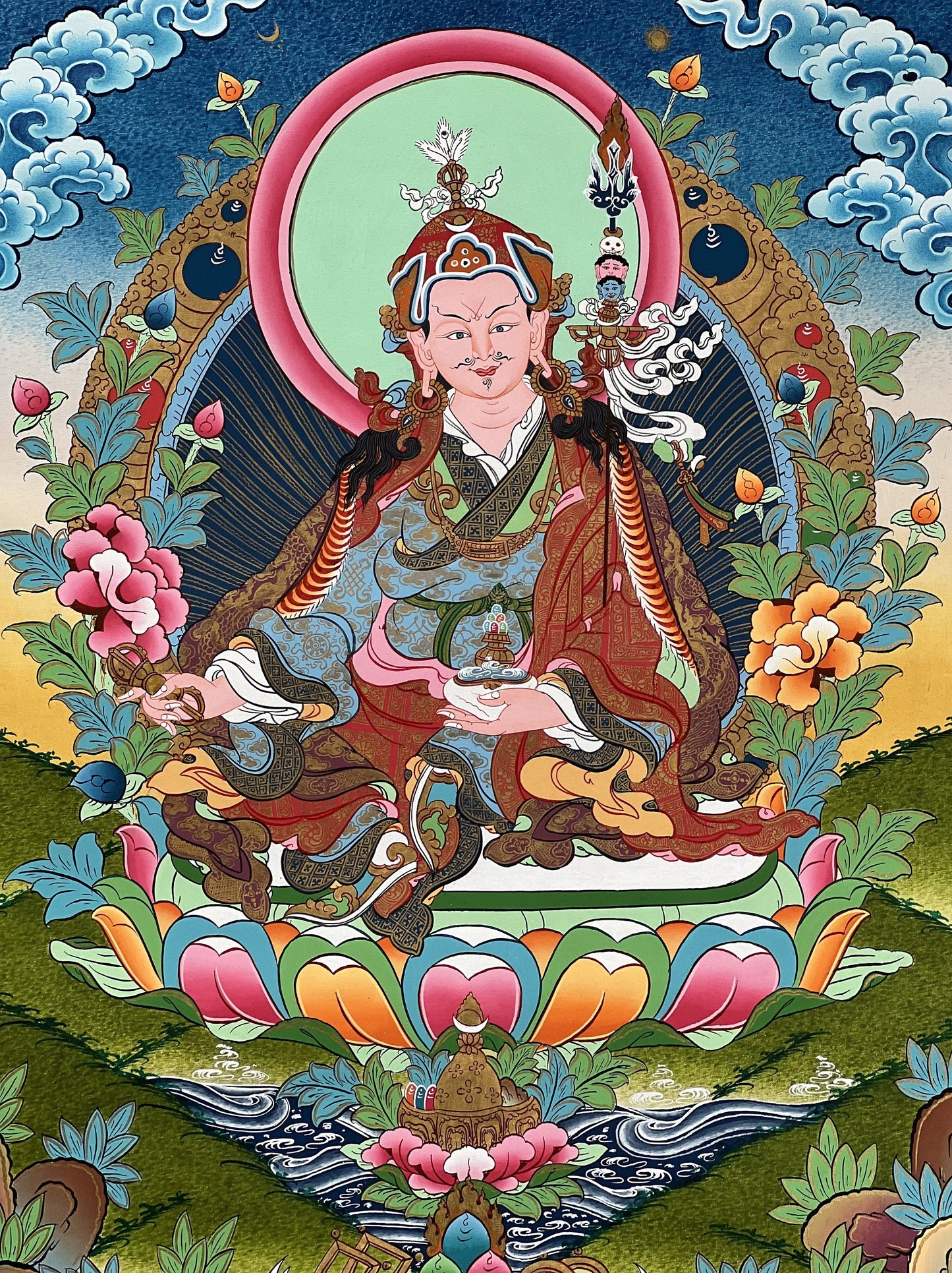 Guru Rinpoche Padmasambhava Thangka Painting, Hand-Painted Tibetan Meditation Art