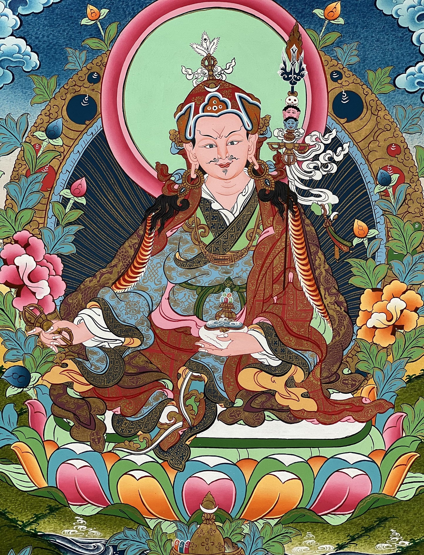 Guru Rinpoche Padmasambhava Thangka Painting, Hand-Painted Tibetan Meditation Art