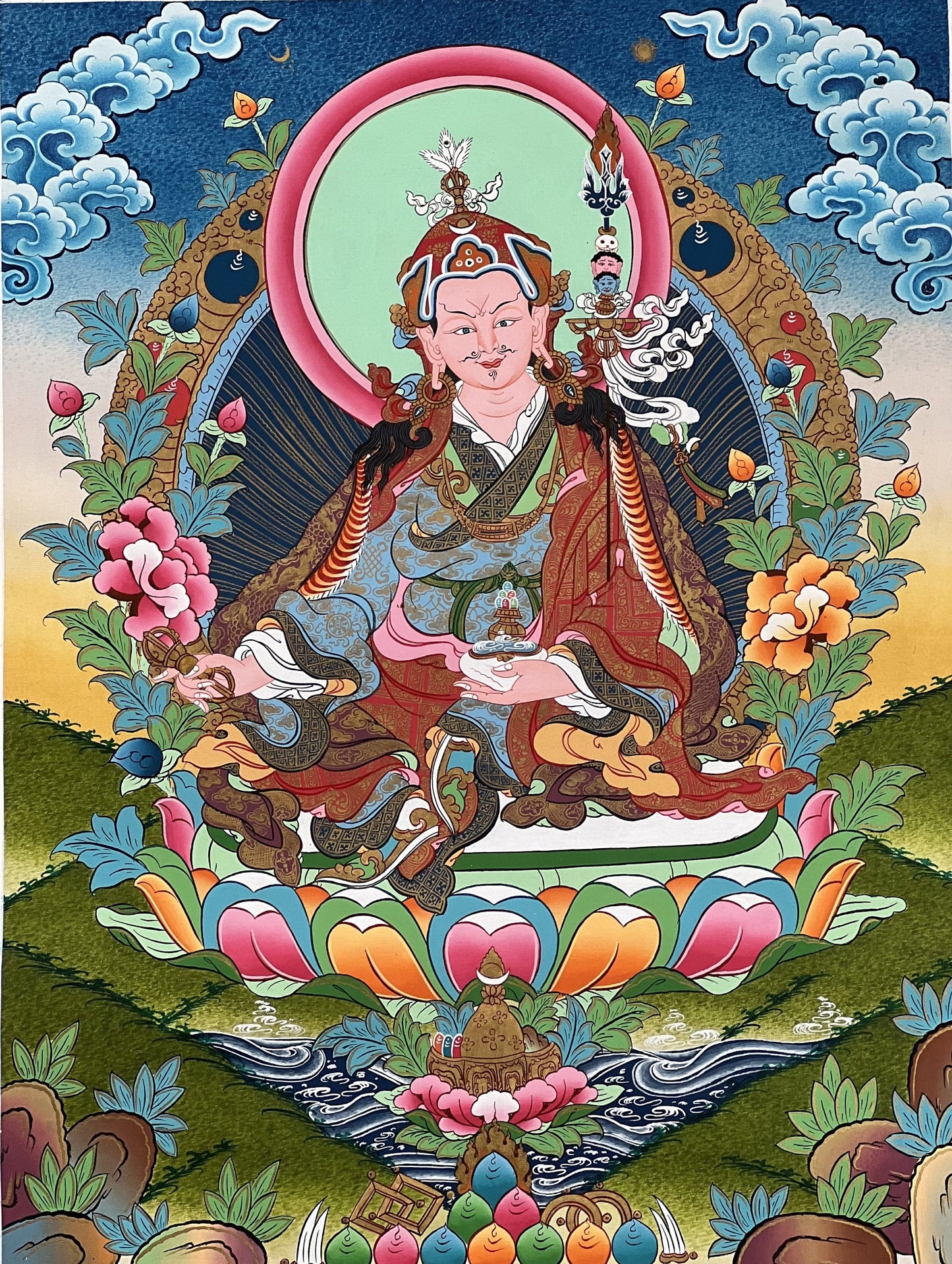 Guru Rinpoche Padmasambhava Thangka Painting, Hand-Painted Tibetan Meditation Art