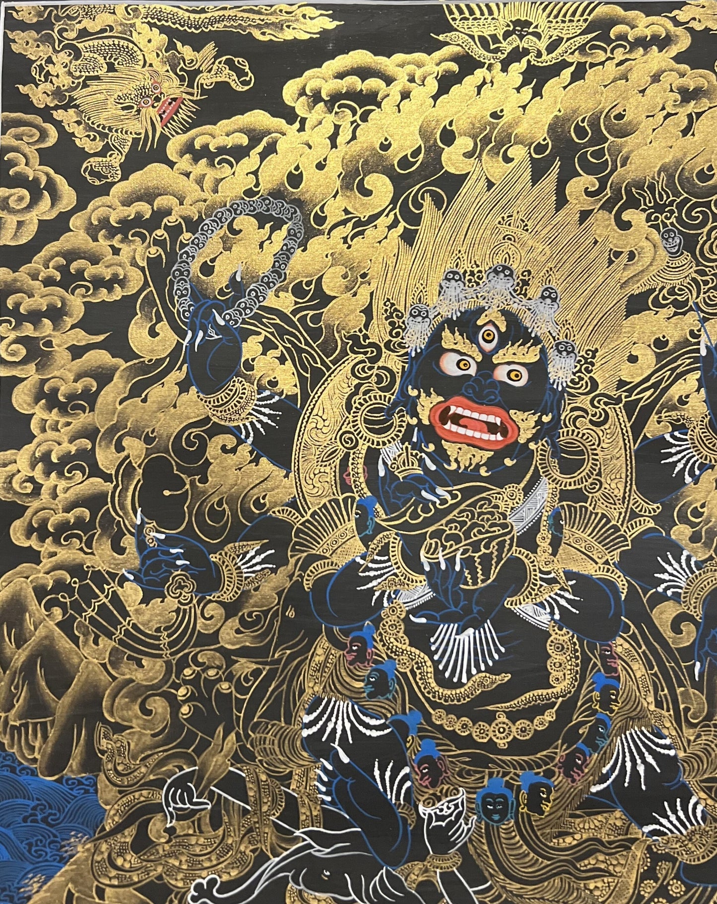 Mahakala Tibetan Thangka Painting, Black and Gold Buddhist Art