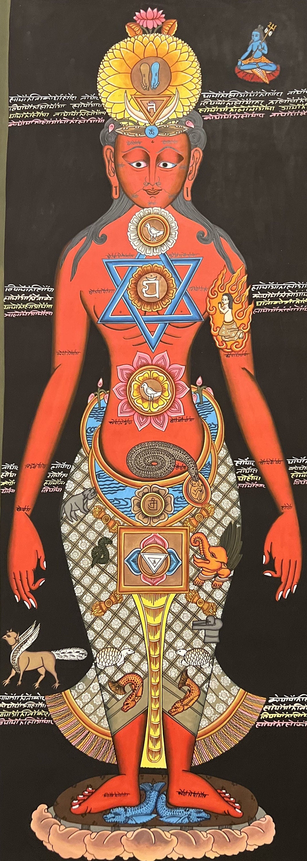 Original Hand-painted 7 Body Chakra/ Life Chakra / Kundalini Healing Masterpiece Tibetan Thangka Panting