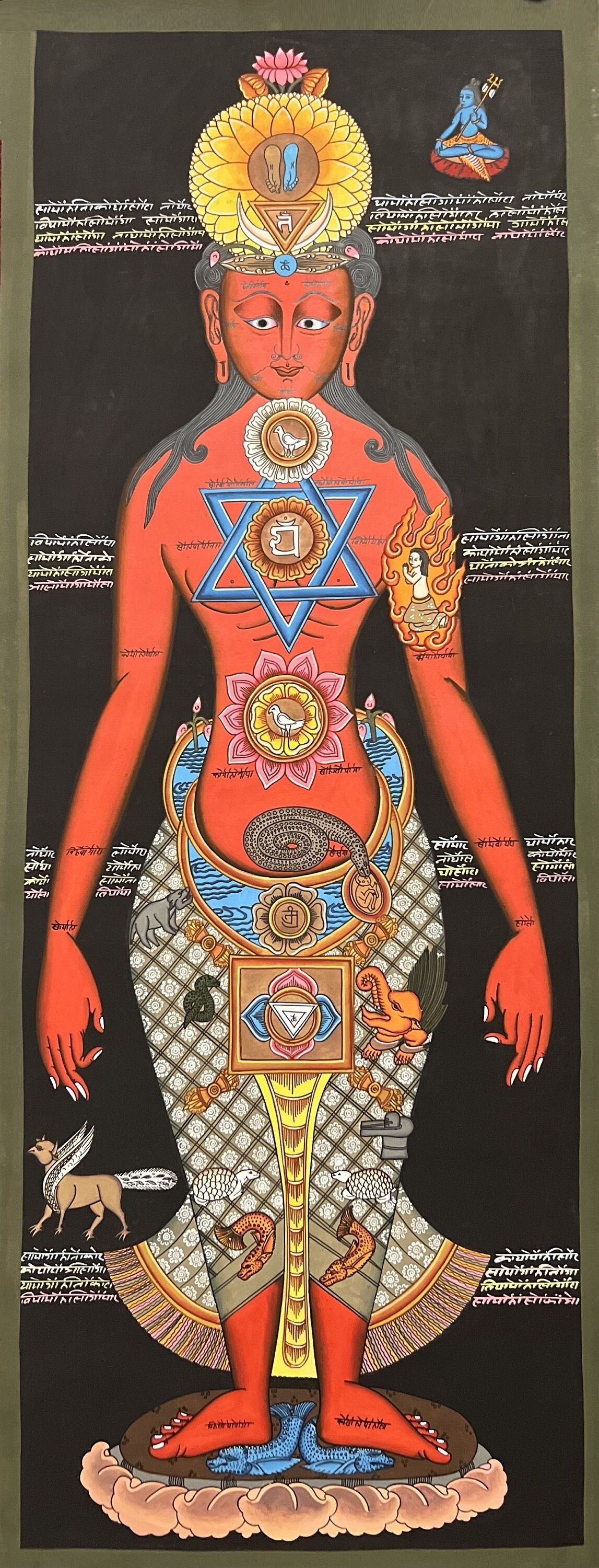 Original Hand-painted 7 Body Chakra/ Life Chakra / Kundalini Healing Masterpiece Tibetan Thangka Panting