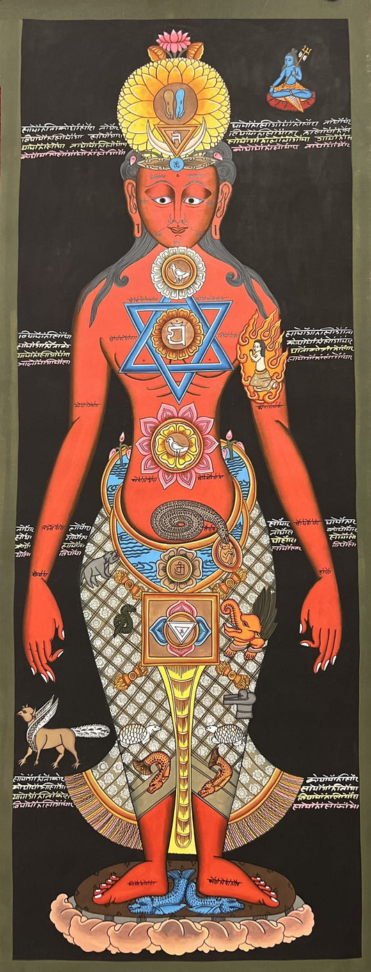 Original Hand-painted 7 Body Chakra/ Life Chakra / Kundalini Healing Masterpiece Tibetan Thangka Panting