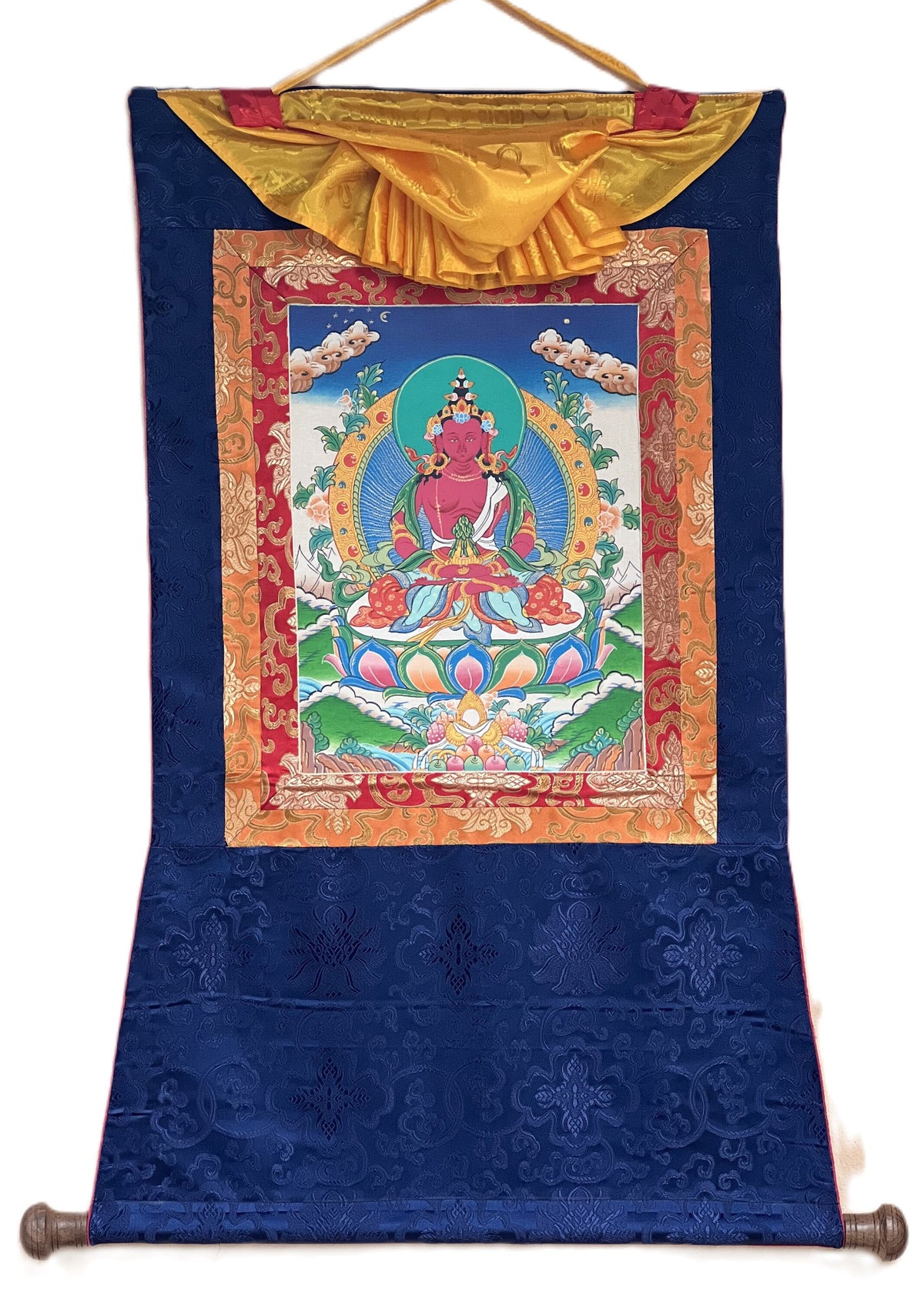 Hand-Painted Amitayus Buddha Thangka Painting with Silk Brocade