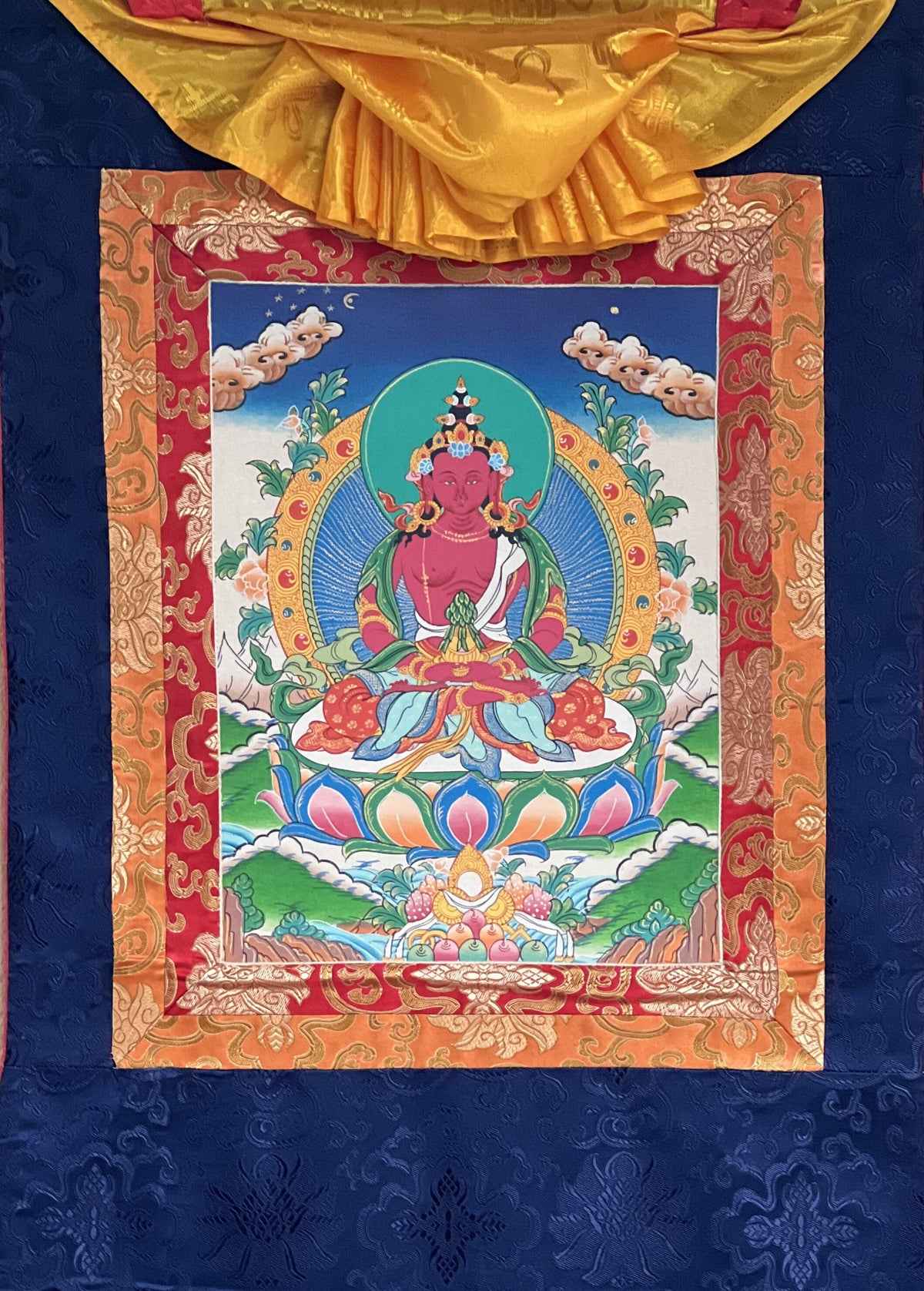 Hand-Painted Amitayus Buddha Thangka Painting with Silk Brocade
