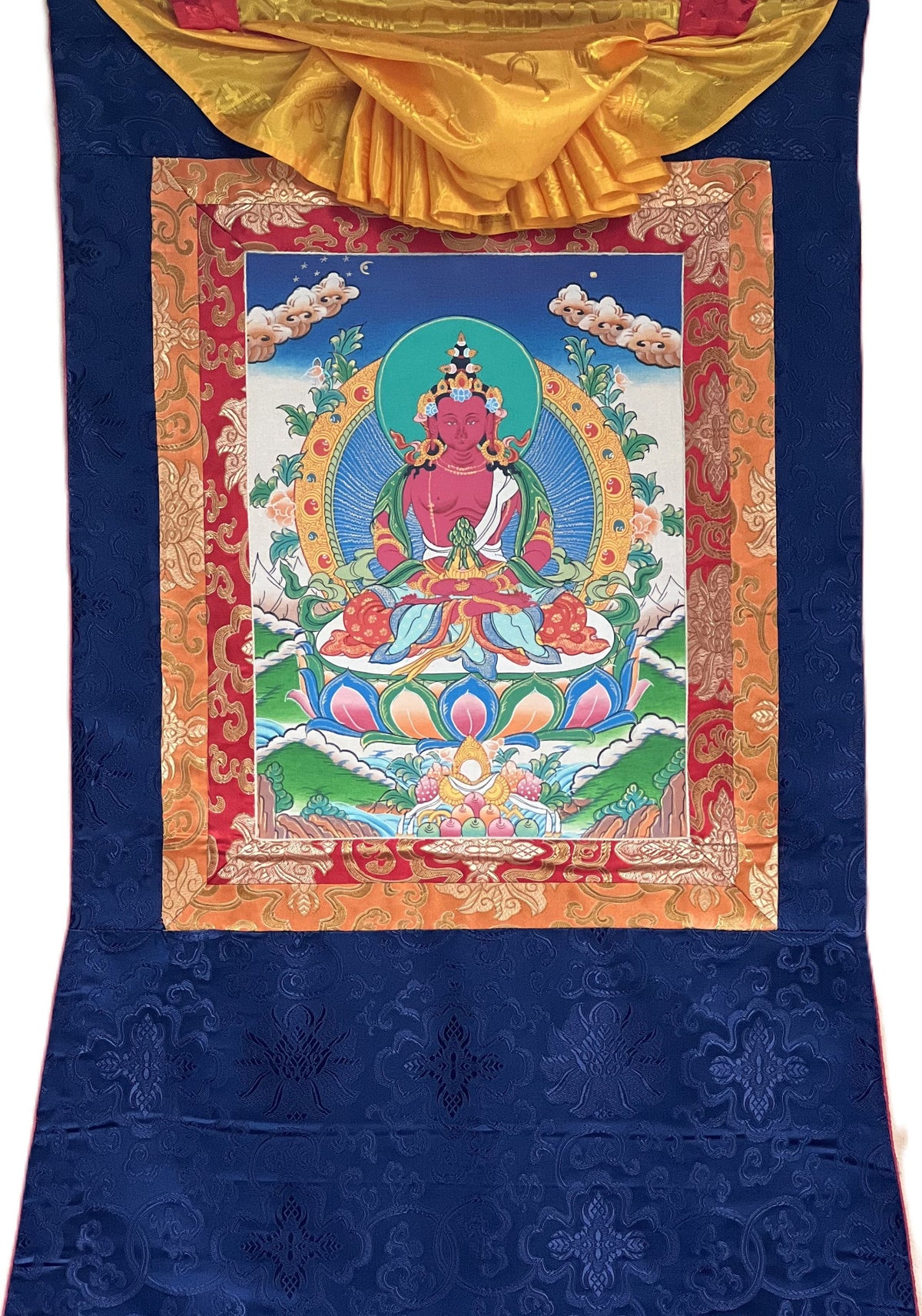 Hand-Painted Amitayus Buddha Thangka Painting with Silk Brocade