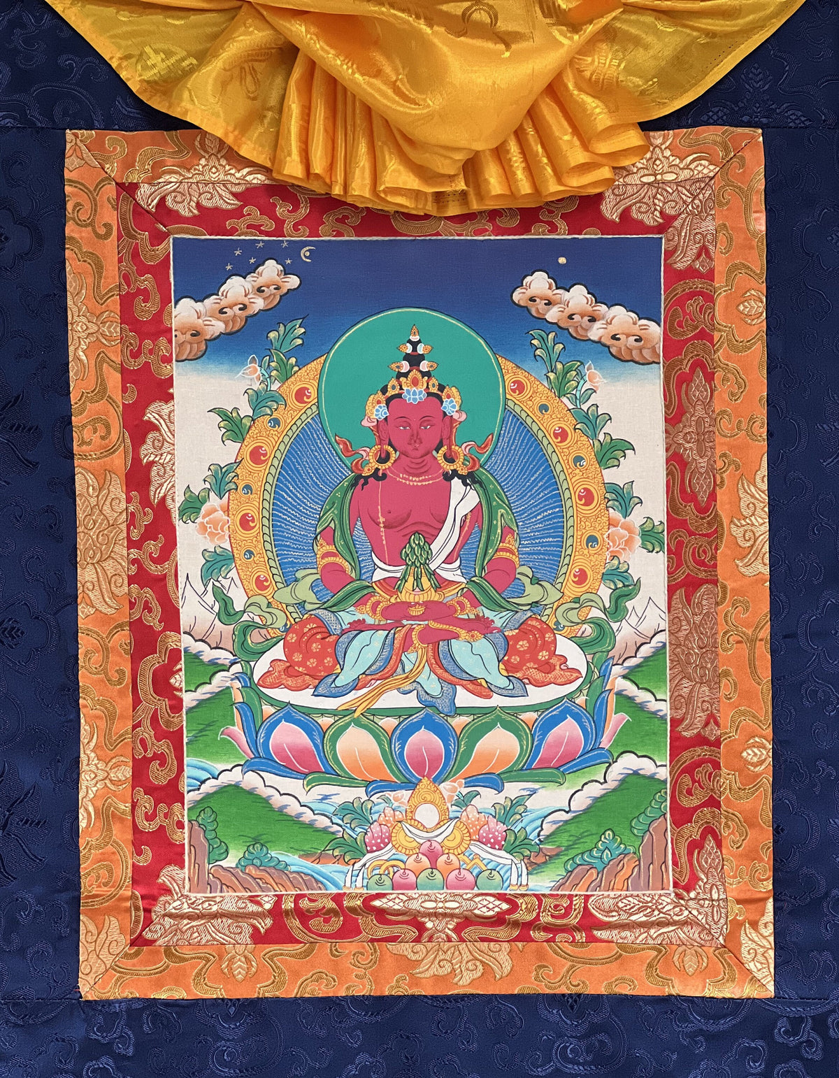 Hand-Painted Amitayus Buddha Thangka Painting with Silk Brocade
