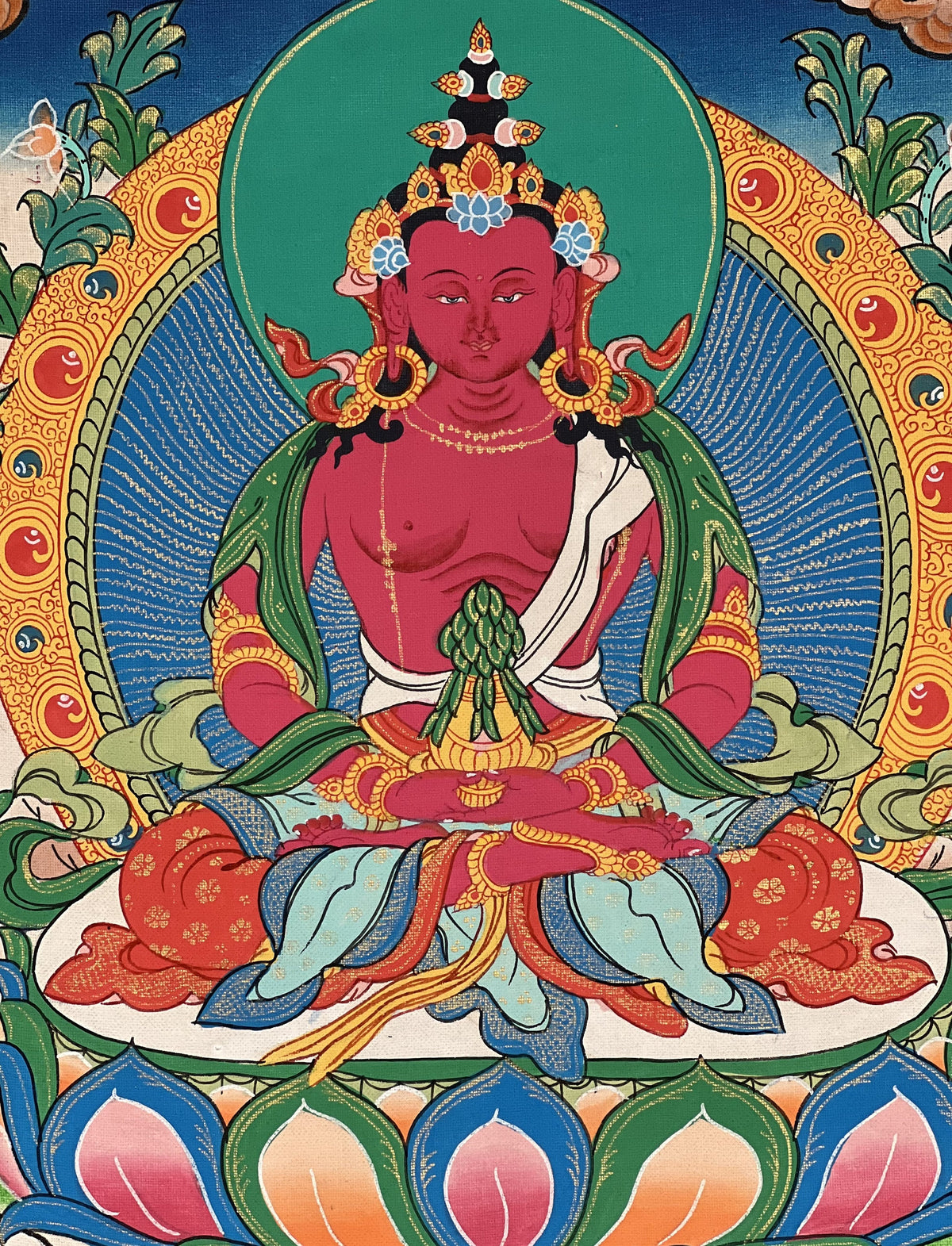 Hand-Painted Amitayus Buddha Thangka Painting with Silk Brocade