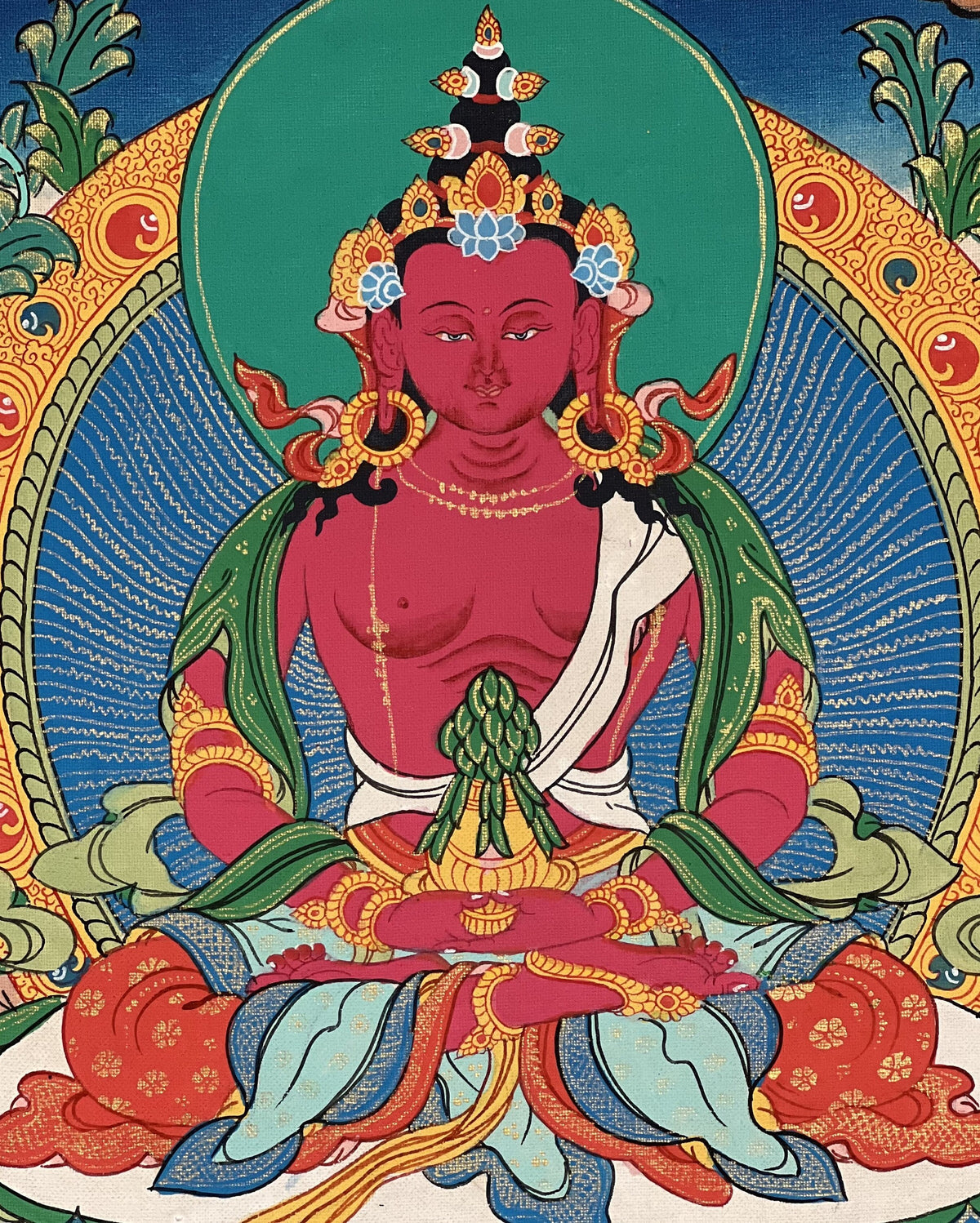 Hand-Painted Amitayus Buddha Thangka Painting with Silk Brocade