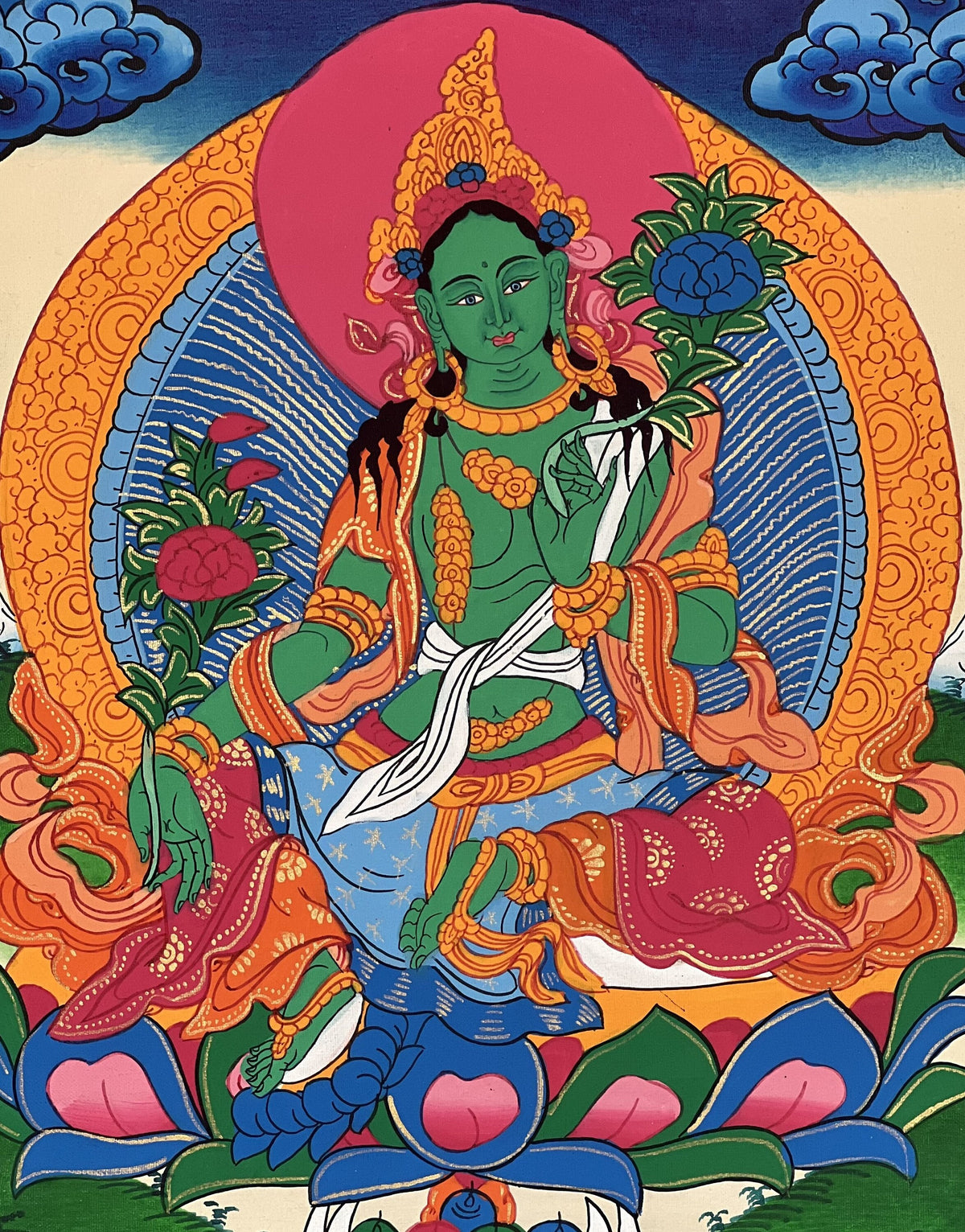 Green Tara Thangka Painting with Silk Brocade Border