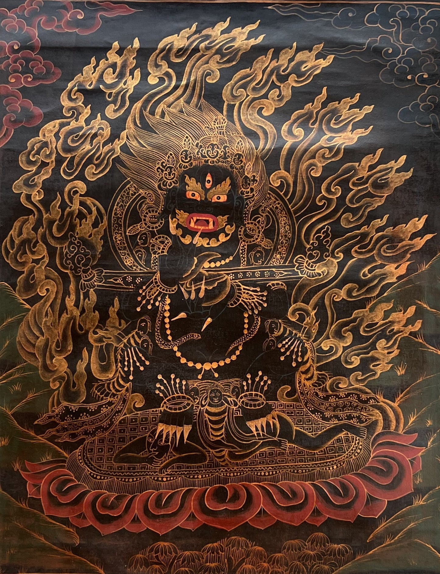 Old Black Mahakala Thangka Hand Painted Tibetan Buddhist Art Framed with Silk Brocade