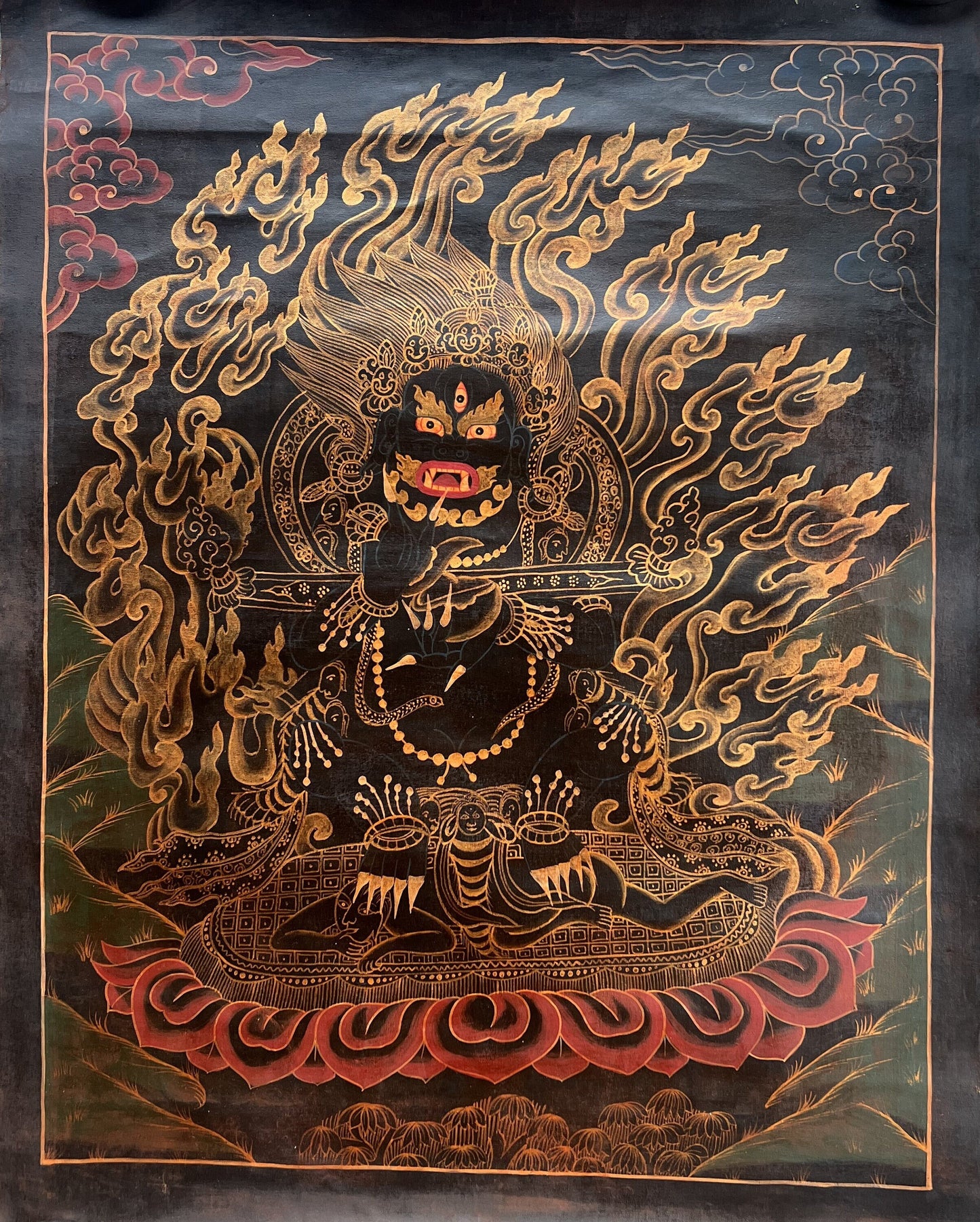 Old Black Mahakala Thangka Hand Painted Tibetan Buddhist Art Framed with Silk Brocade