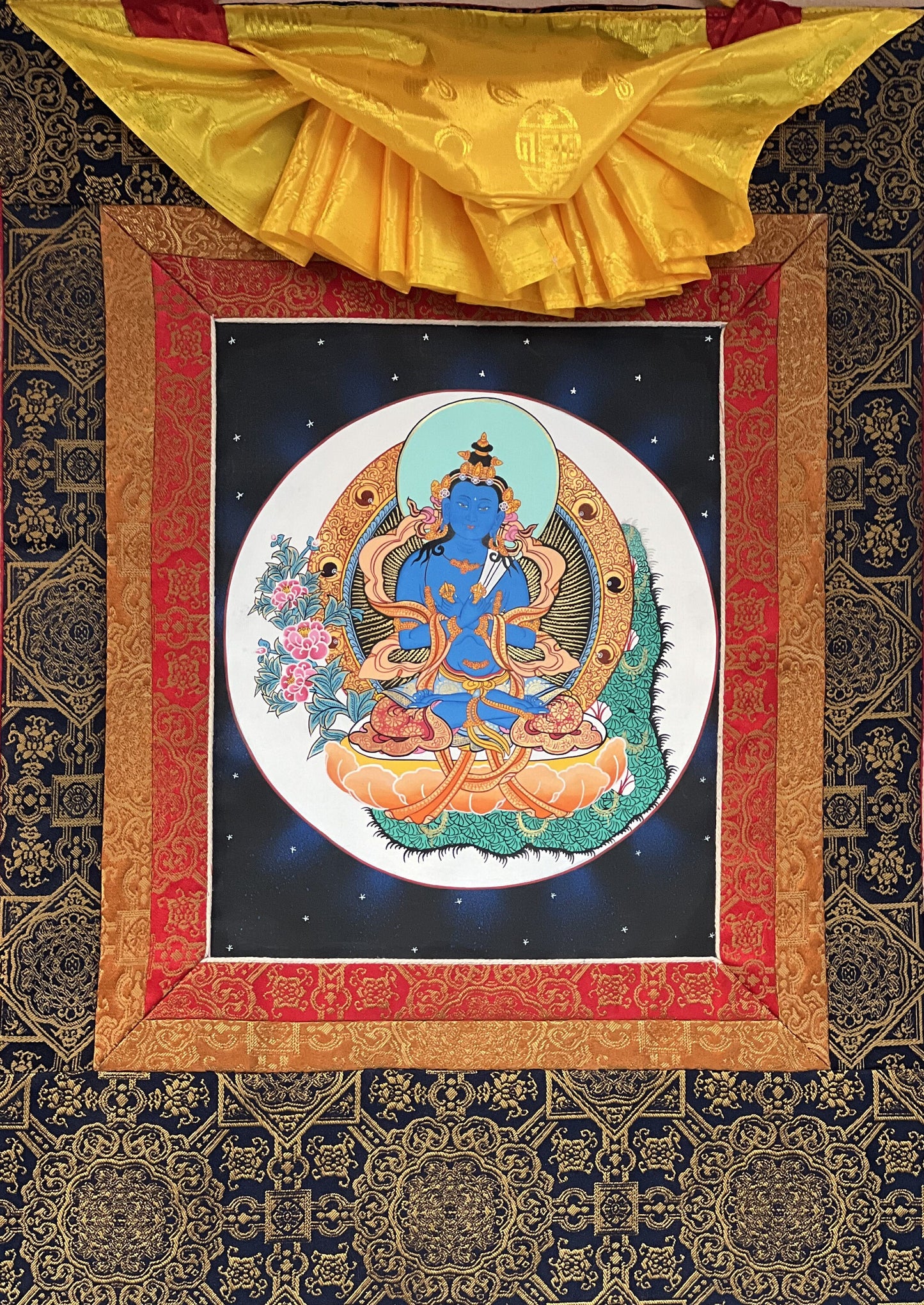 Hand-painted Vajradhara Buddha Thangka with Silk Brocade