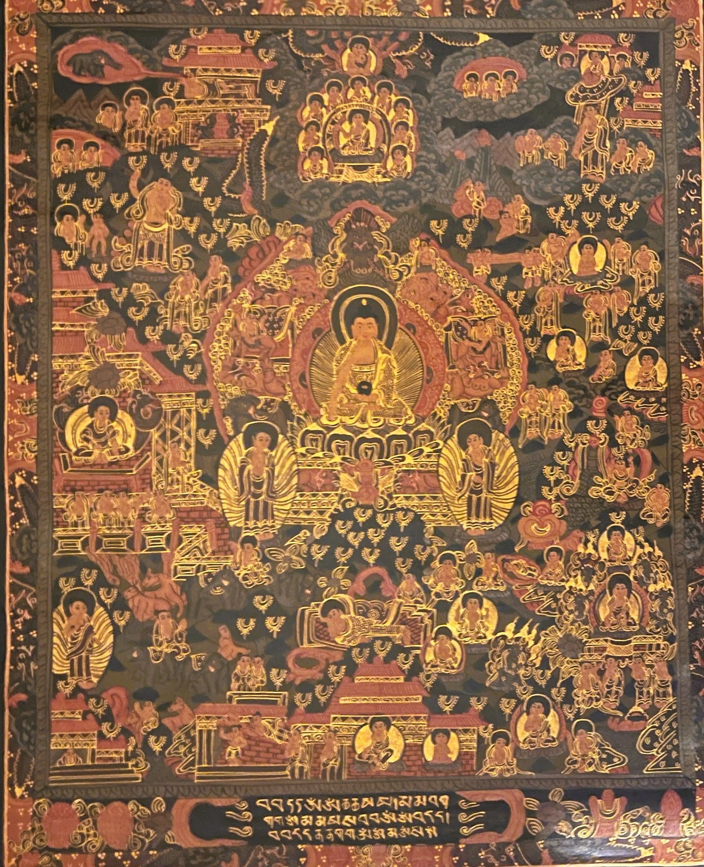 Hand-Painted Buddha Life Mandala Thangka, Oil Varnished on Canvas
