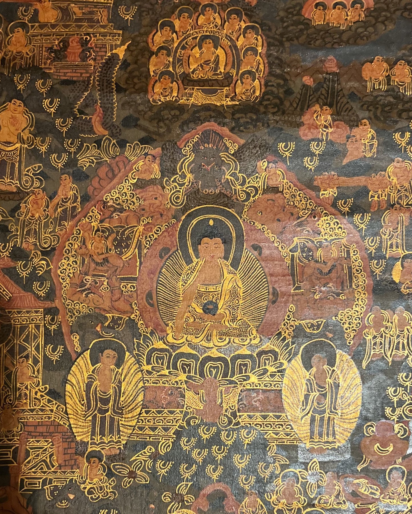 Hand-Painted Buddha Life Mandala Thangka, Oil Varnished on Canvas