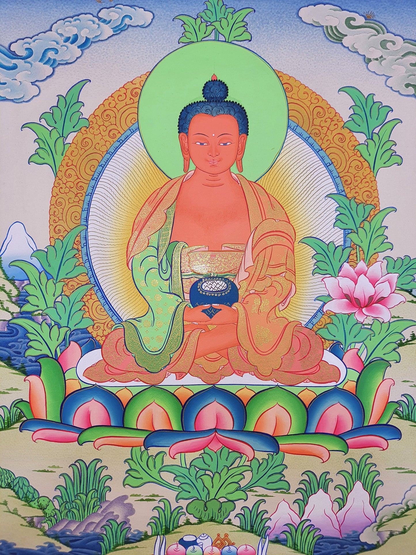 24k Gold Amitabha Buddha Thangka Painting, Tibetan Wall Hanging