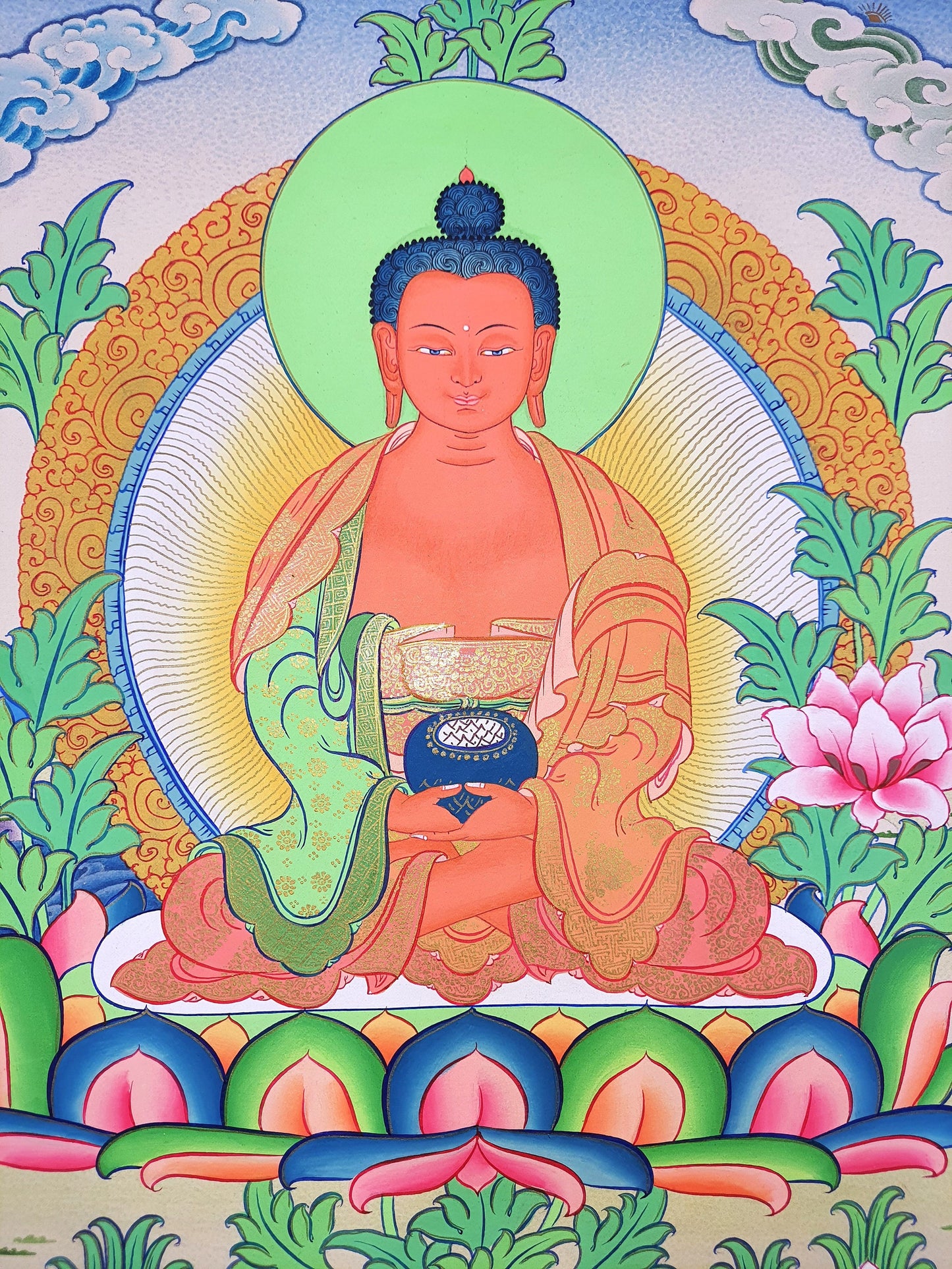 24k Gold Amitabha Buddha Thangka Painting, Tibetan Wall Hanging