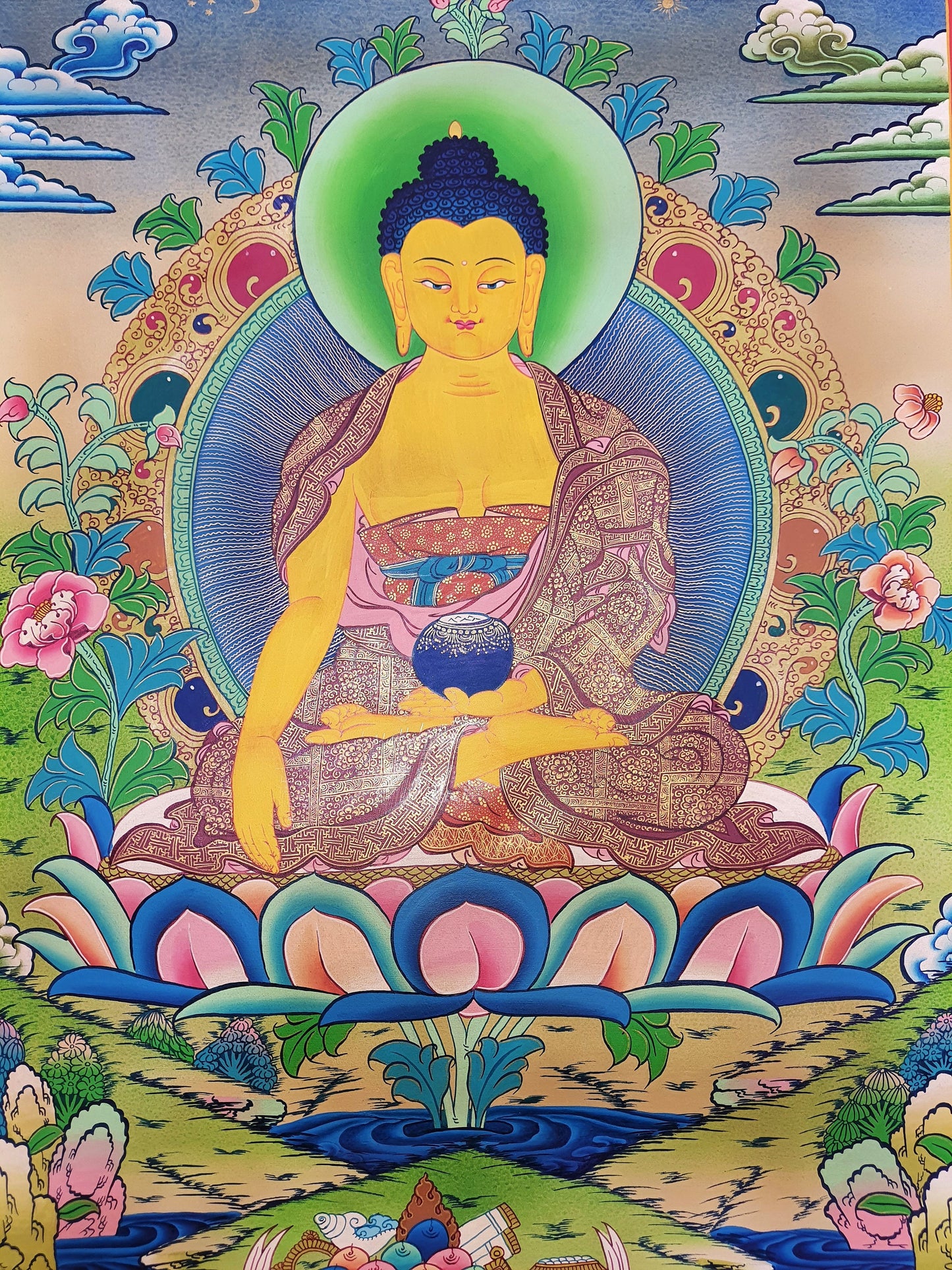 Hand Painted 24K Gold Shakyamuni Buddha Thangka, Smoky Tibetan Art
