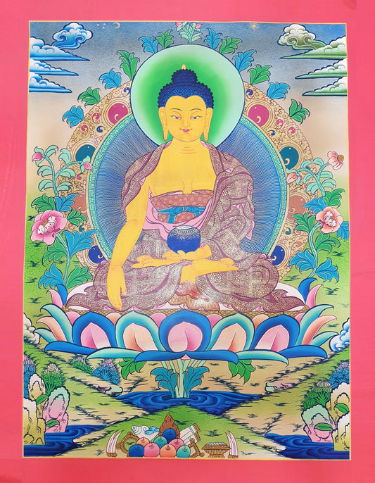 Hand Painted 24K Gold Shakyamuni Buddha Thangka, Smoky Tibetan Art