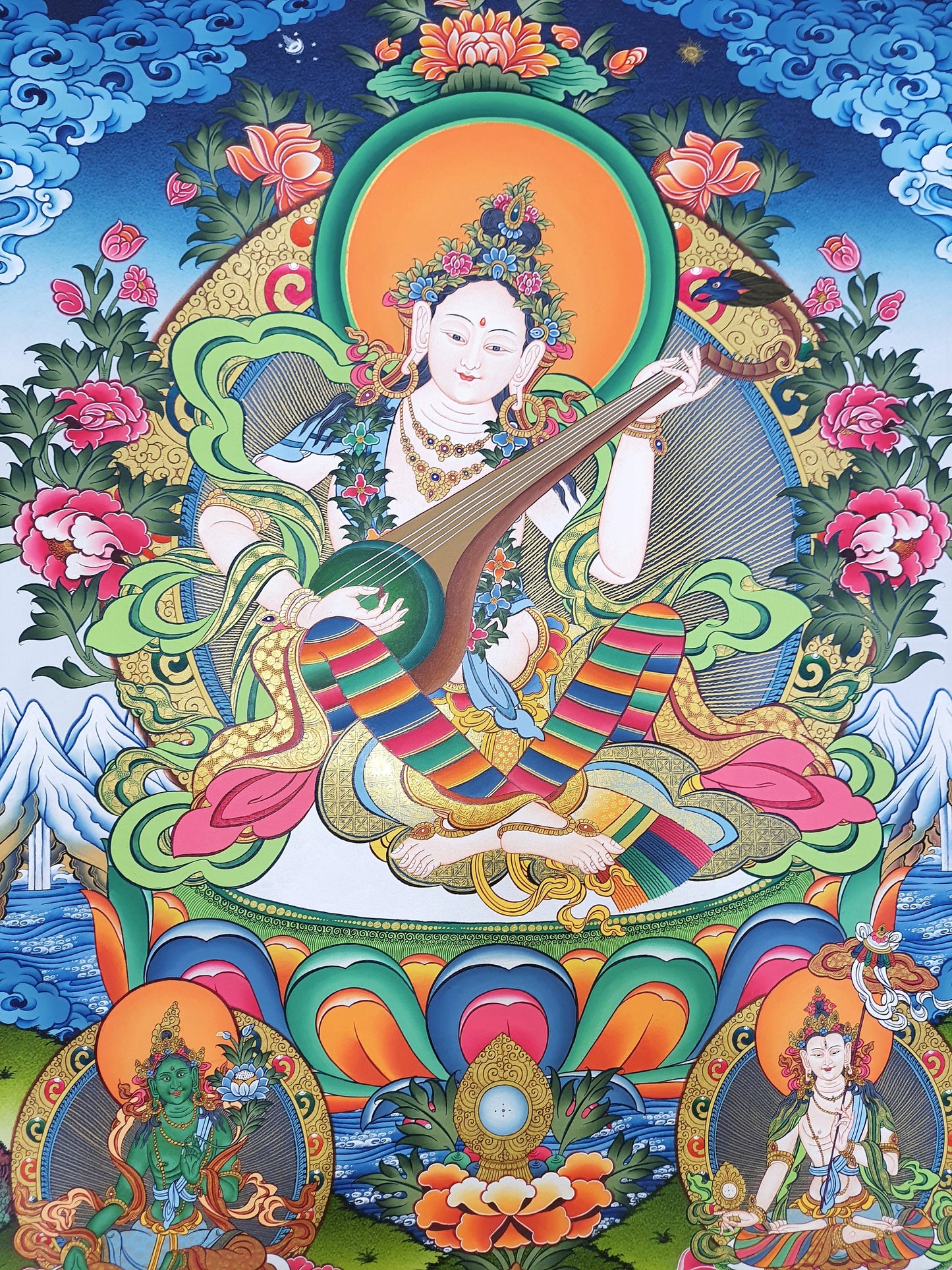 Hand-Painted Saraswati Thangka Painting, 24K Gold, Nepalese Art