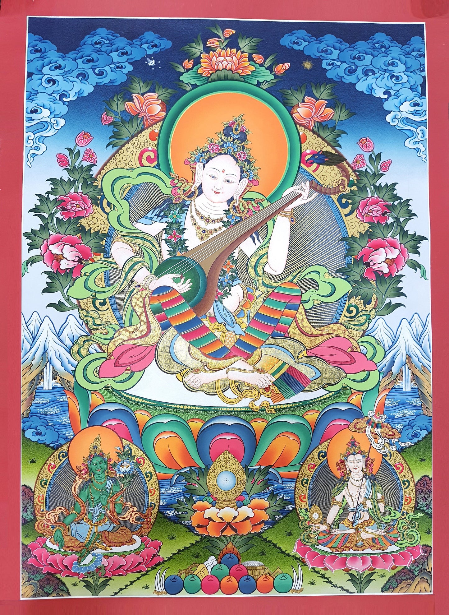 Hand-Painted Saraswati Thangka Painting, 24K Gold, Nepalese Art