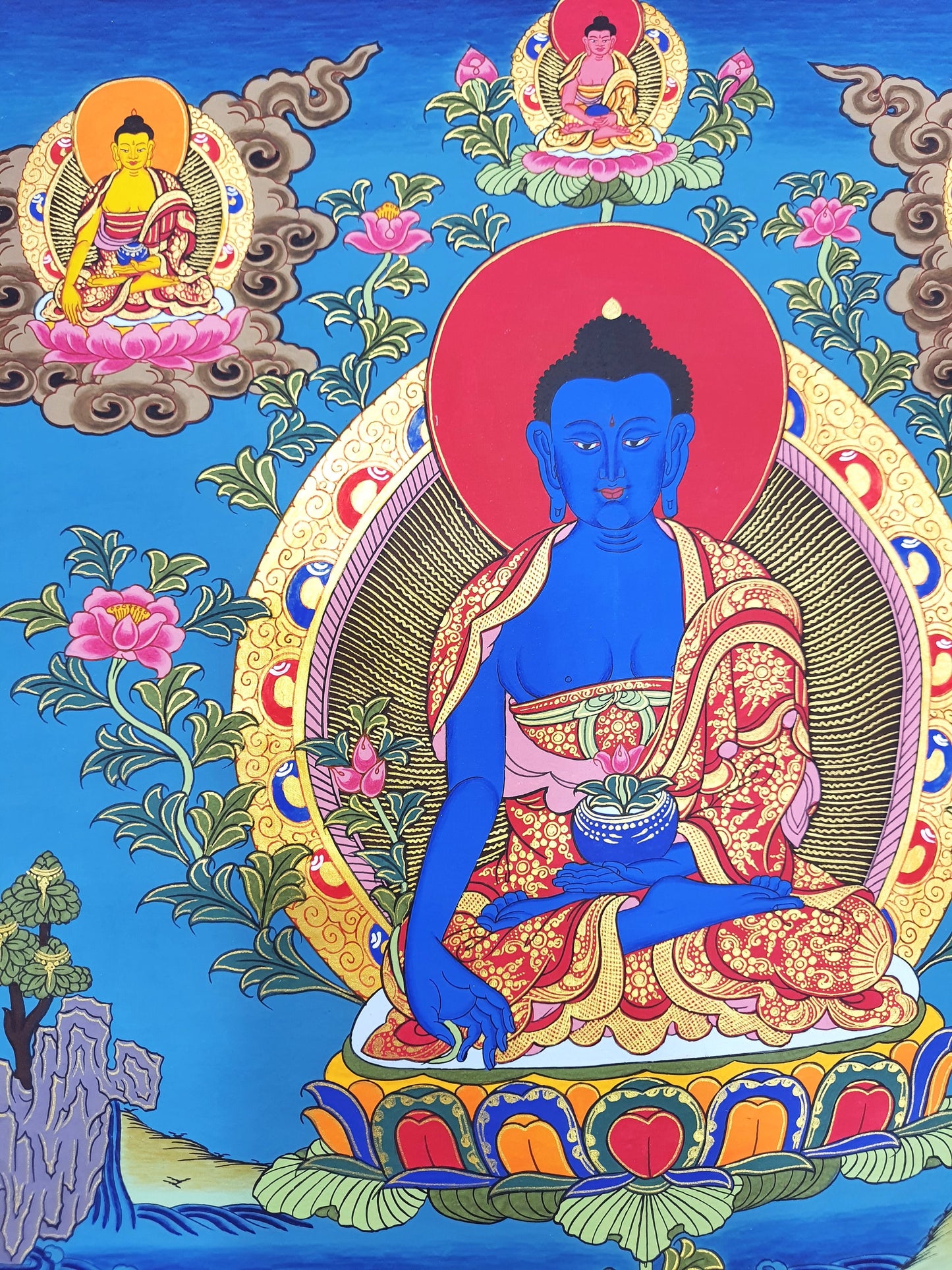 Hand-Painted Medicine Buddha Thangka Painting, Tibetan Wall Hanging