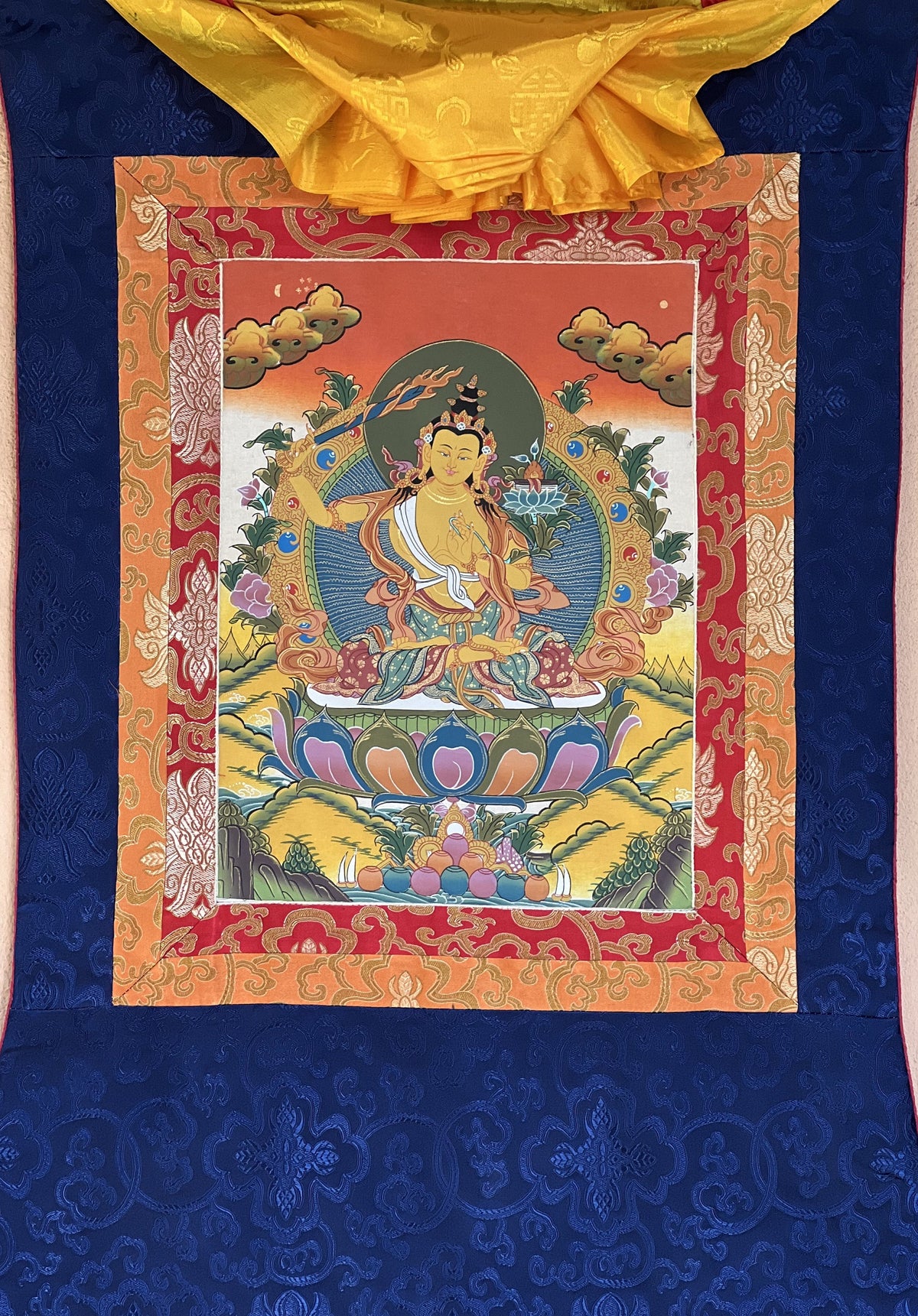 Hand-Painted Manjushri Bodhisattva Thangka Painting with Silk Border