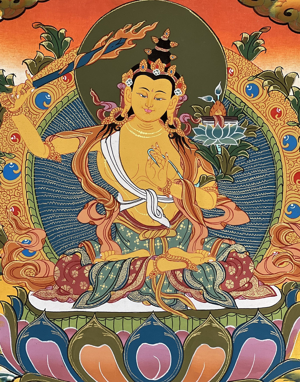 Hand-Painted Manjushri Bodhisattva Thangka Painting with Silk Border