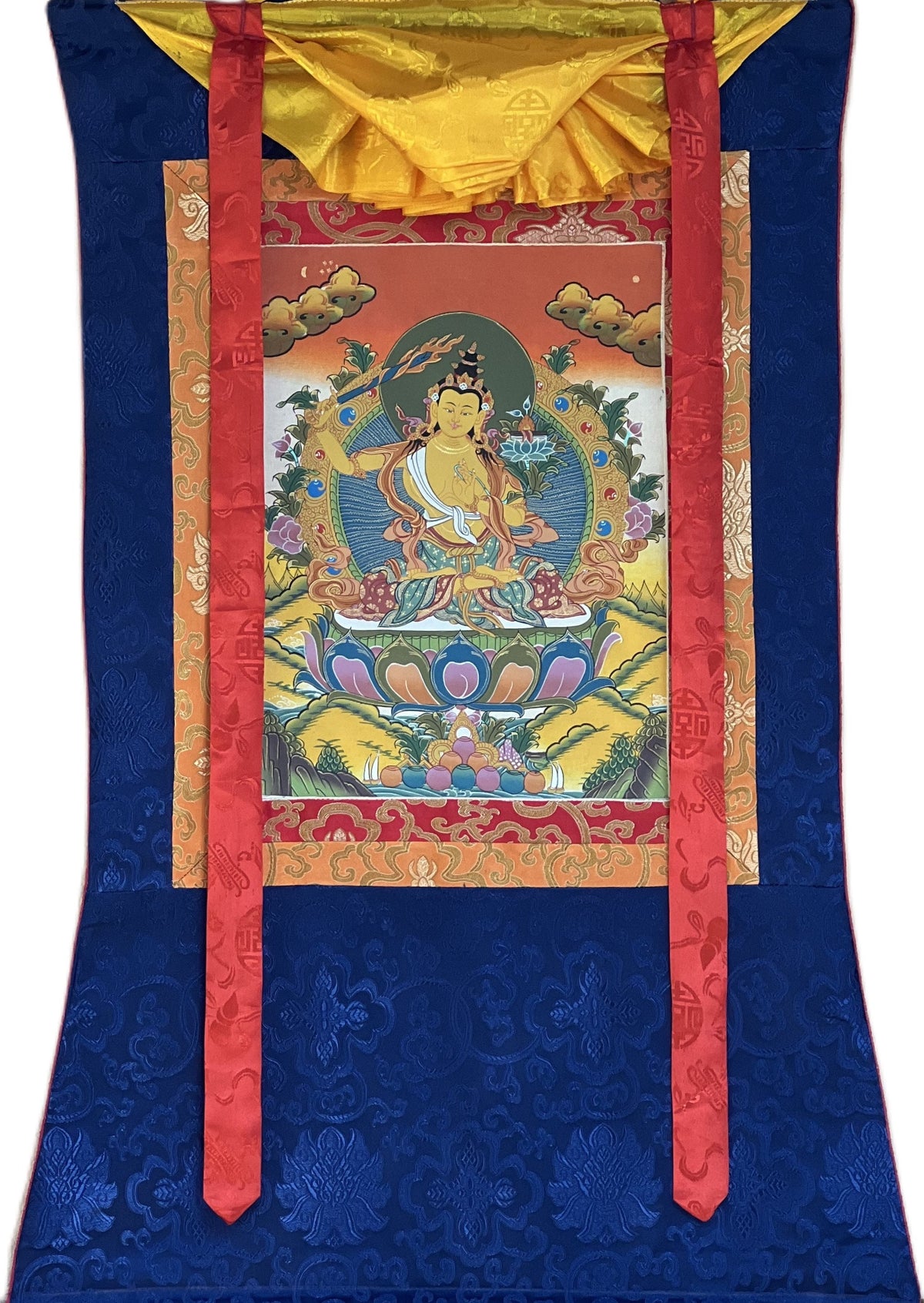 Hand-Painted Manjushri Bodhisattva Thangka Painting with Silk Border