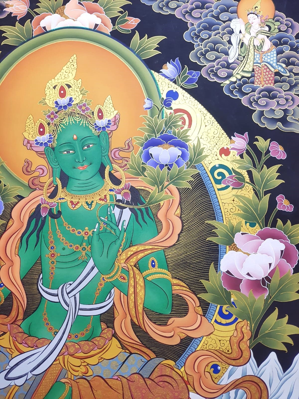 Hand-Painted Green Tara Thangka Painting, 24K Gold, Tibetan Art