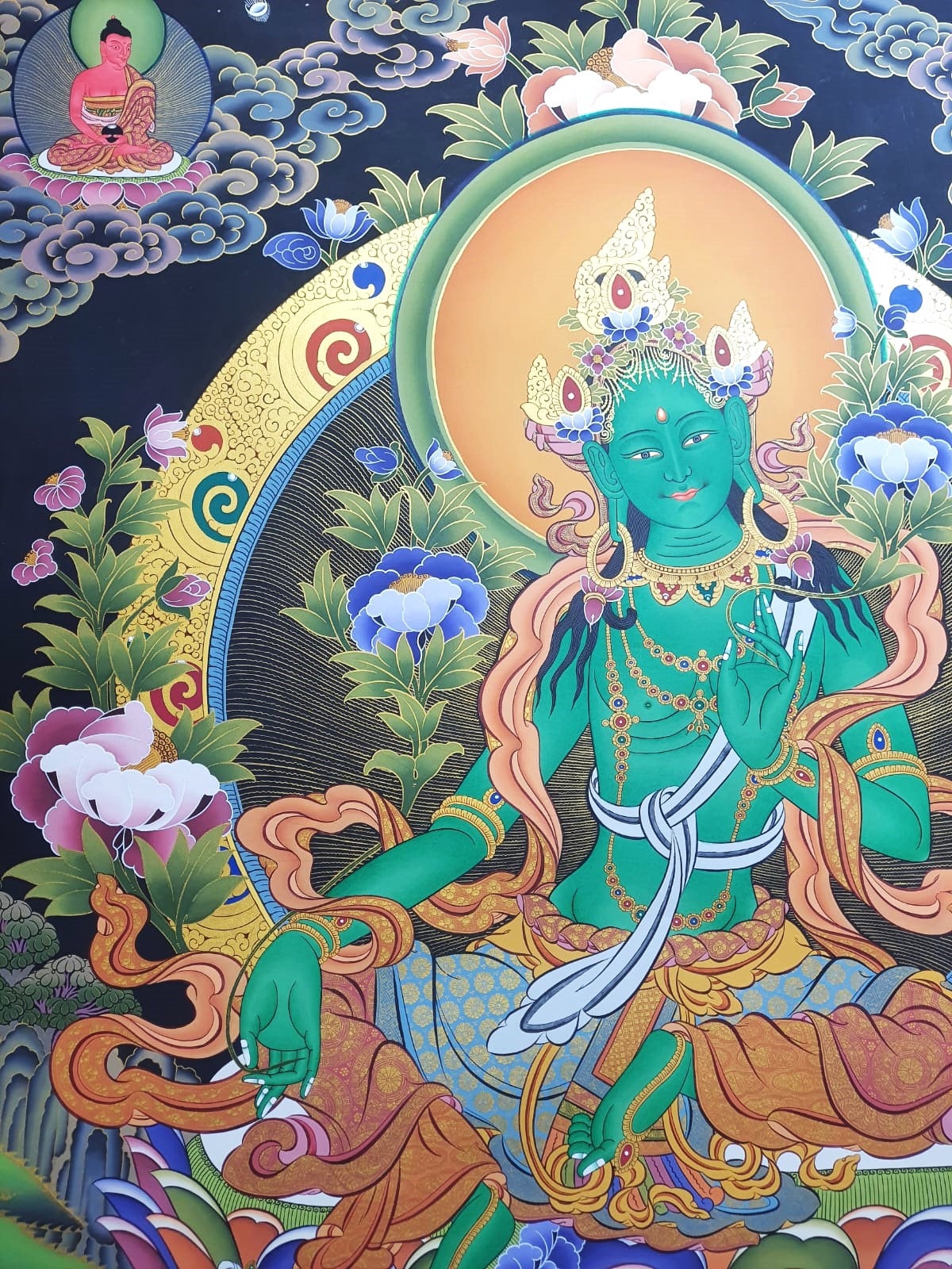 Hand-Painted Green Tara Thangka Painting, 24K Gold, Tibetan Art
