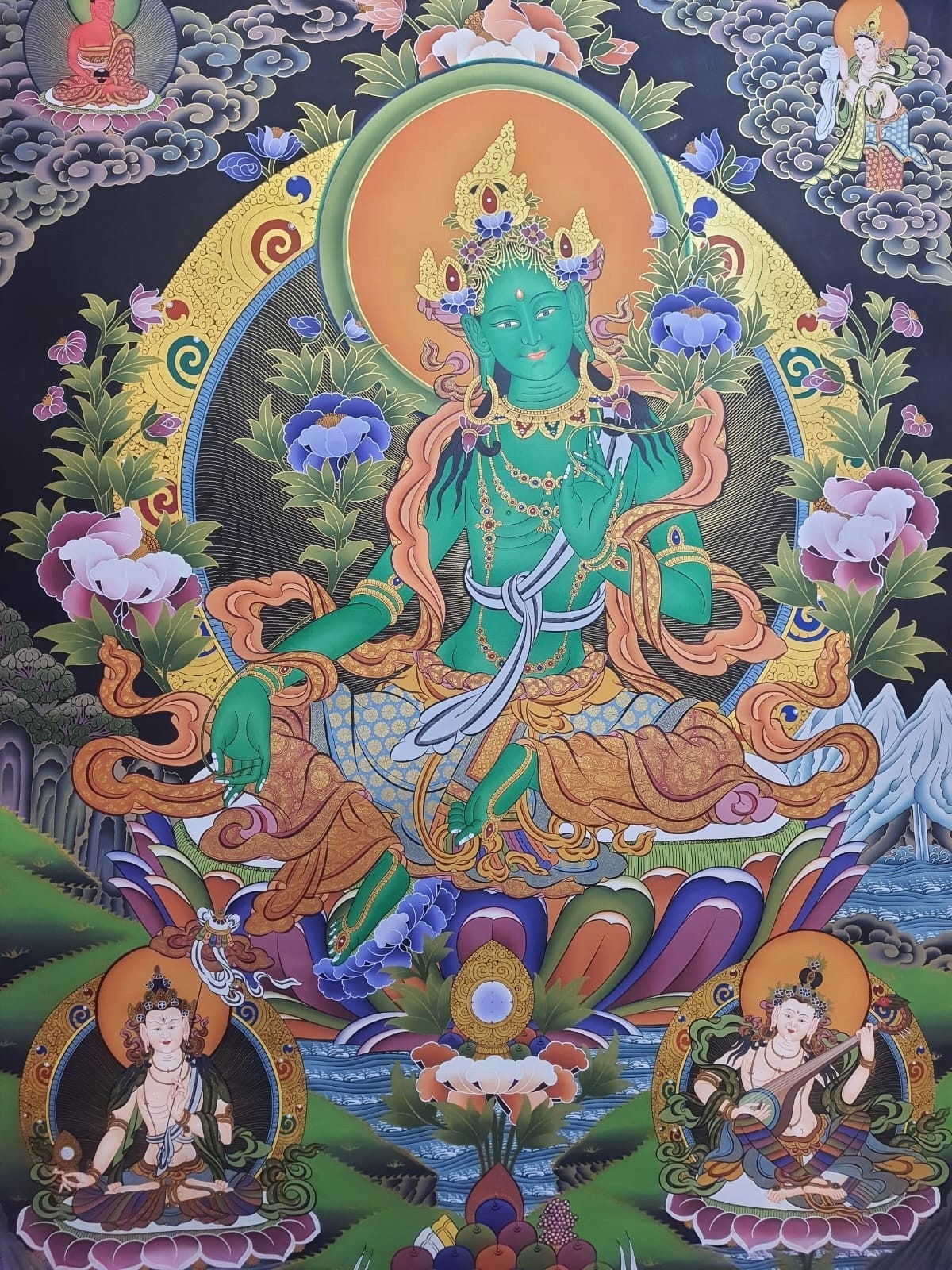 Hand-Painted Green Tara Thangka Painting, 24K Gold, Tibetan Art