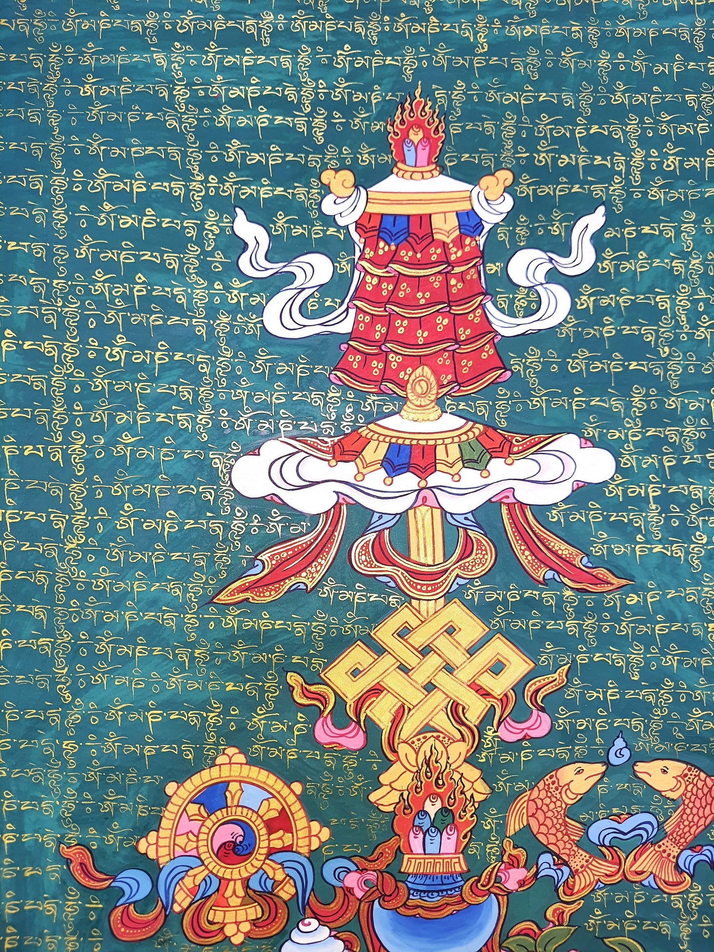 Original Hand Painted Eight Auspicious Symbols, or Ashtamangala Tibetan Meditation Thangka / Thanka Painting