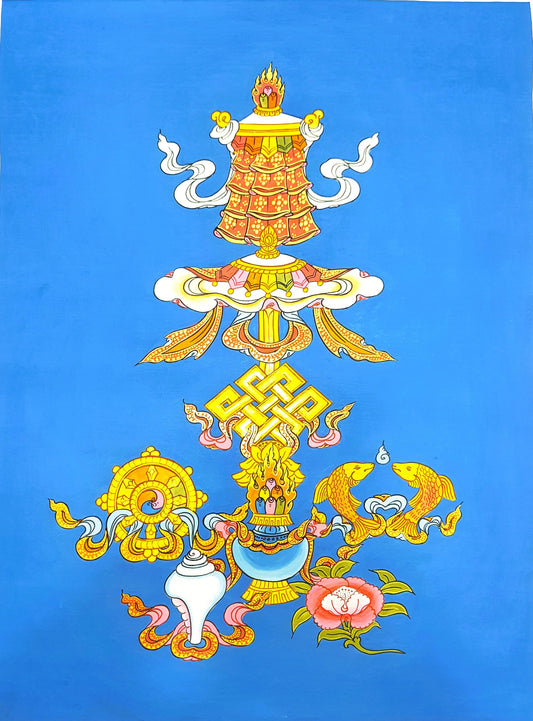 Hand-Painted Ashtamangala Thangka, Eight Auspicious Symbols Painting (15x20)
