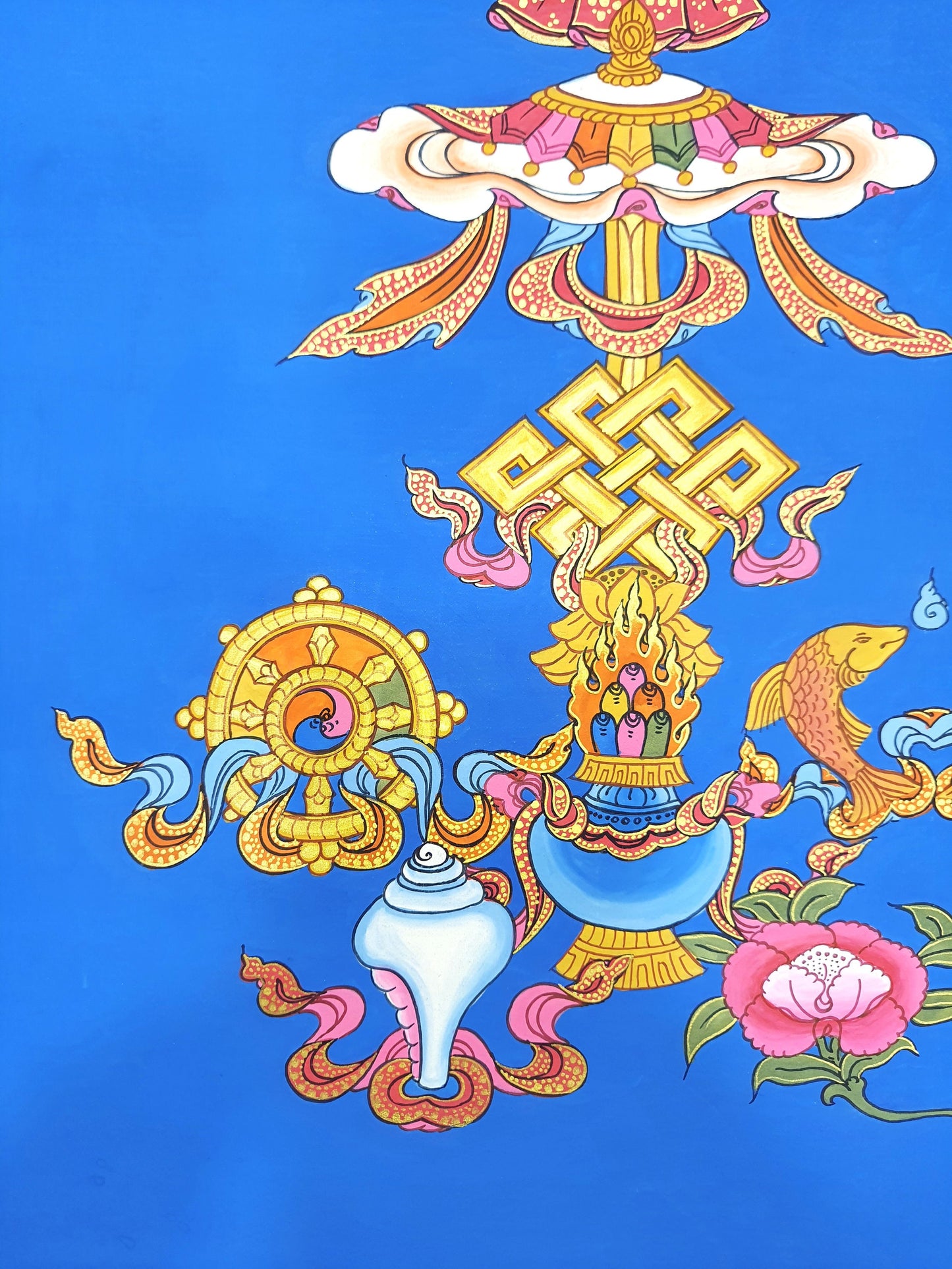 Hand-Painted Ashtamangala Thangka, Eight Auspicious Symbols Painting (15x20)