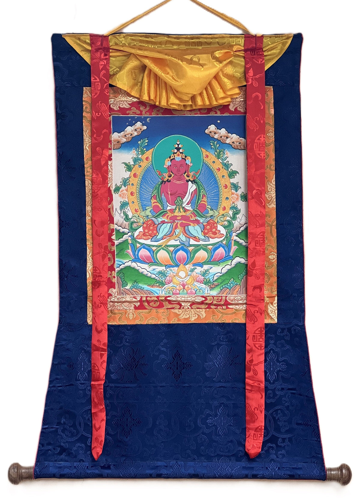 Hand-Painted Amitayus Buddha Thangka Painting with Silk Brocade