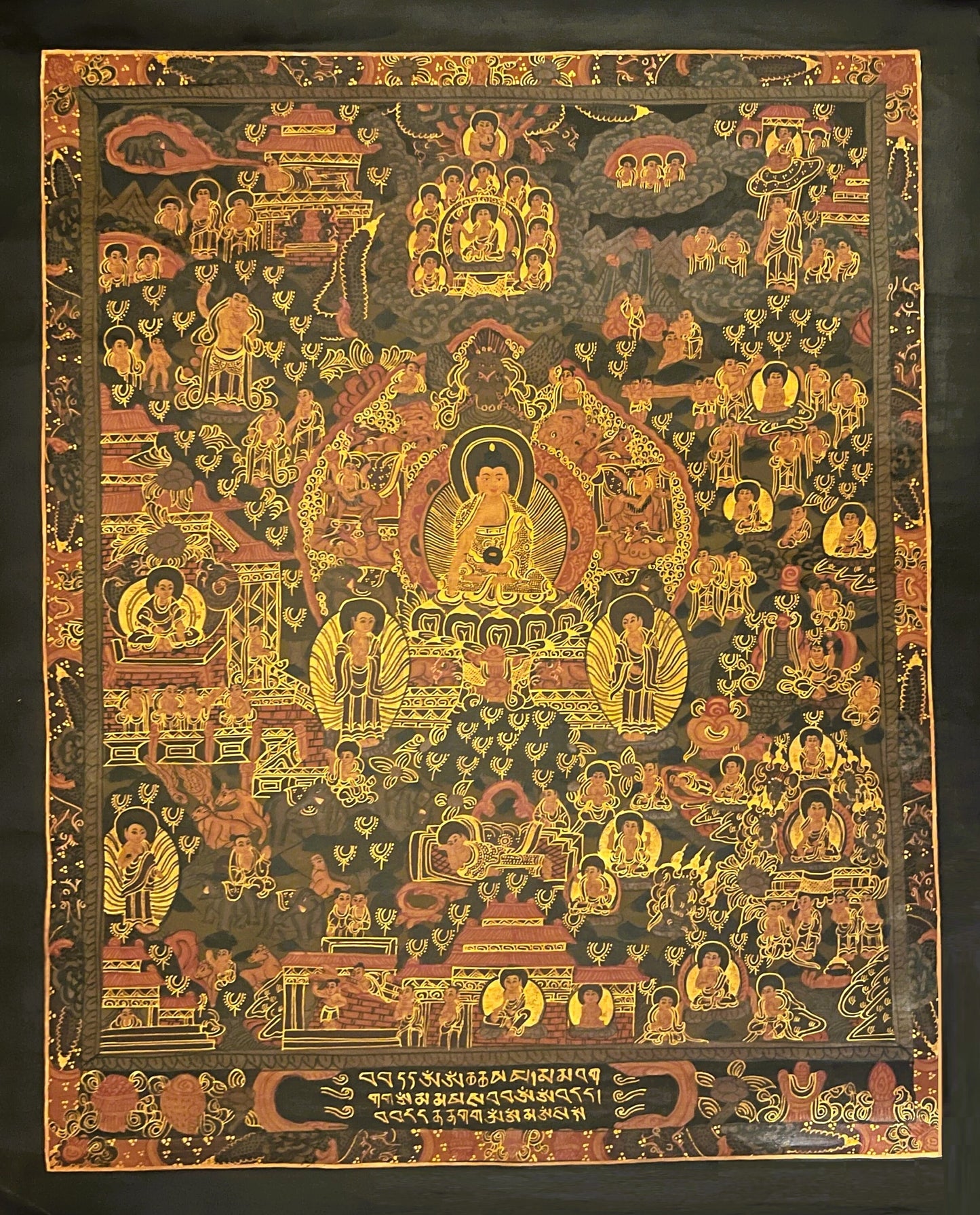 Hand-Painted Buddha Life Mandala Thangka, Oil Varnished on Canvas