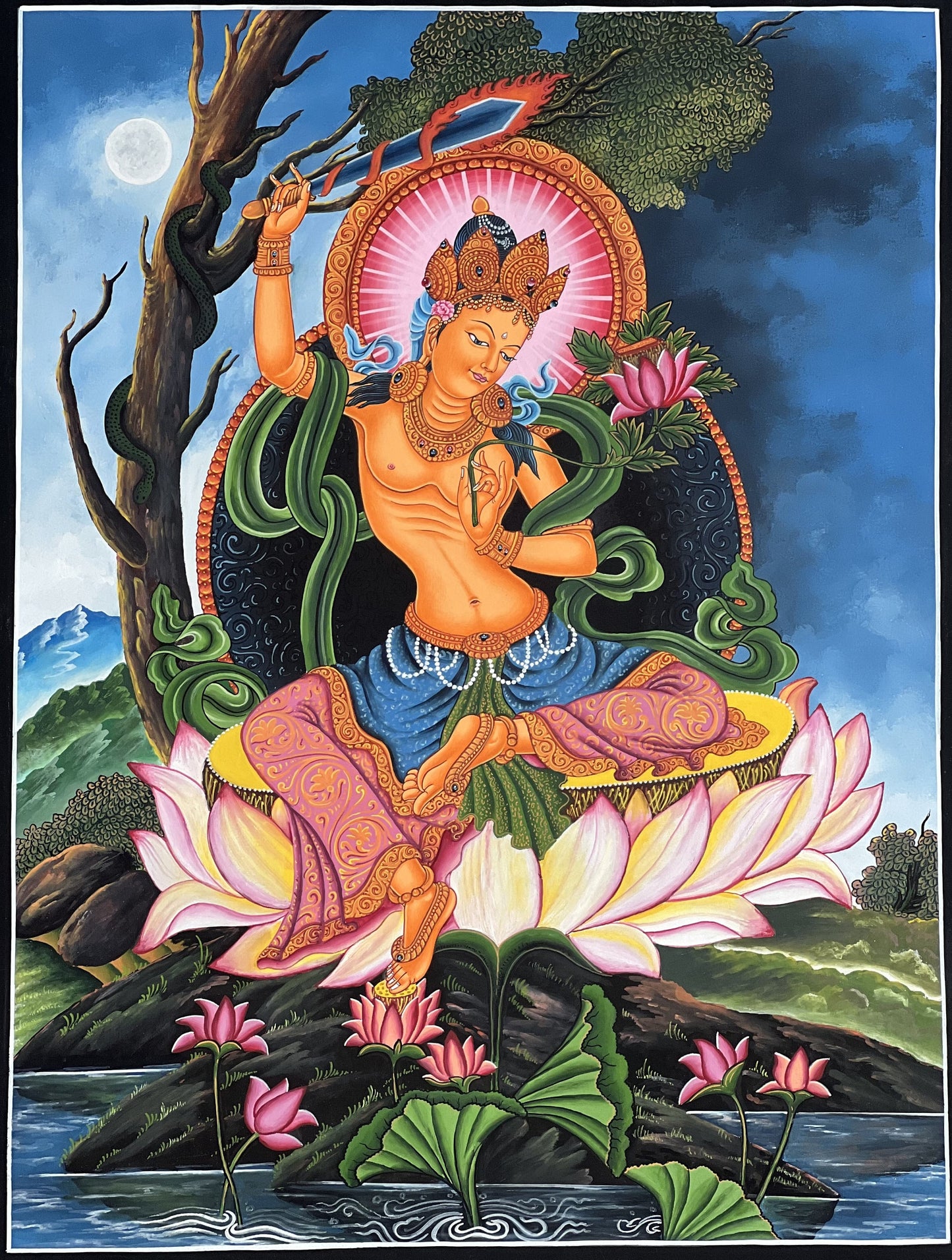 Manjushri Newari Paubha Thangka Painting – Hand-Painted Bodhisattva of Wisdom Art