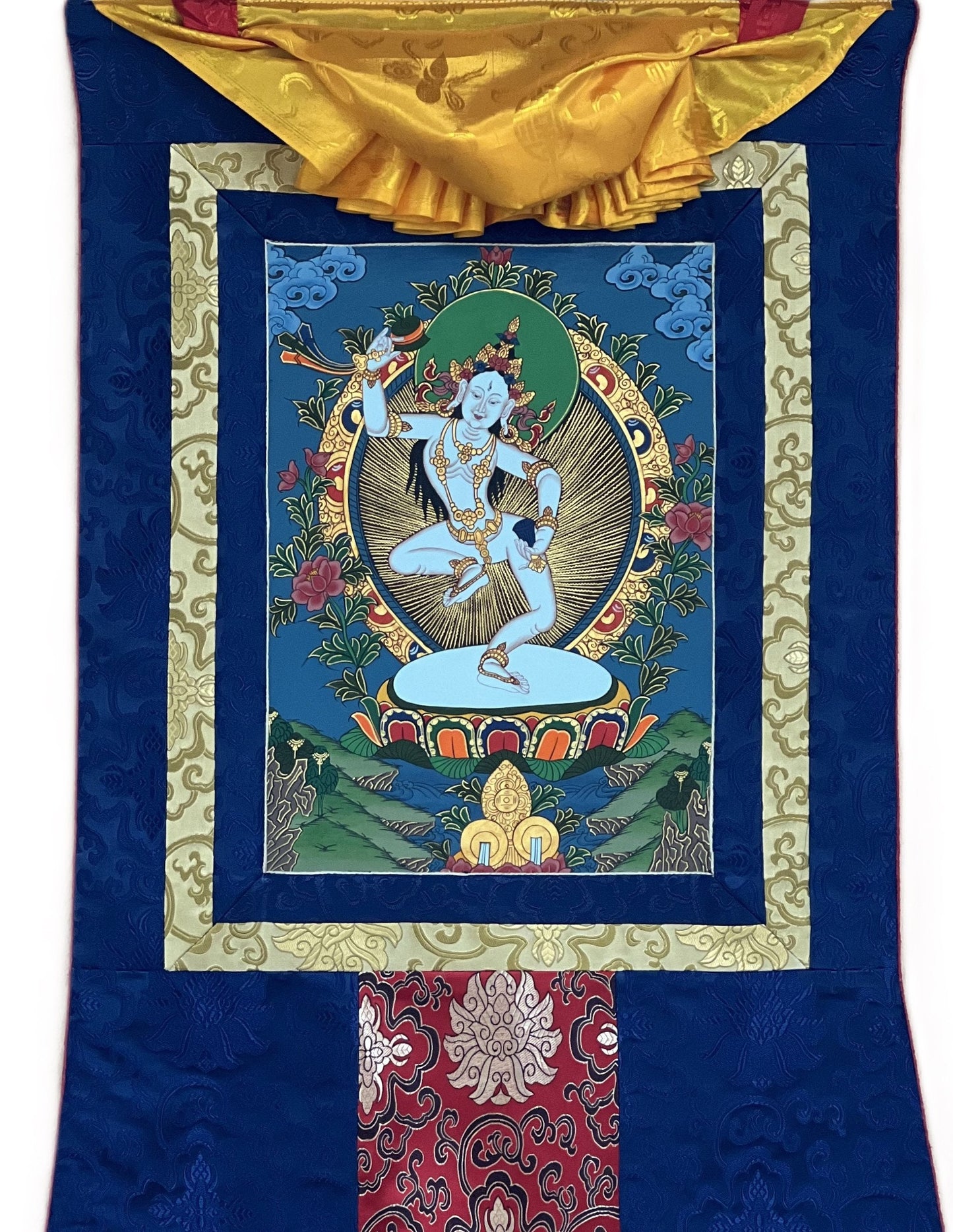 Hand-Painted Machig Labdron Thangka Painting with Silk Brocade