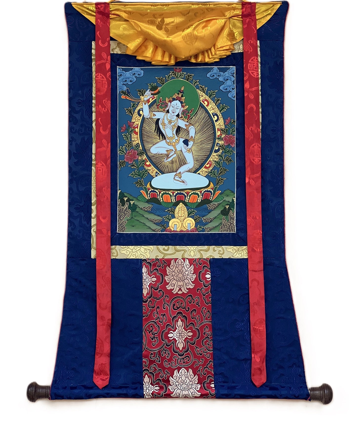 Hand-Painted Machig Labdron Thangka Painting with Silk Brocade