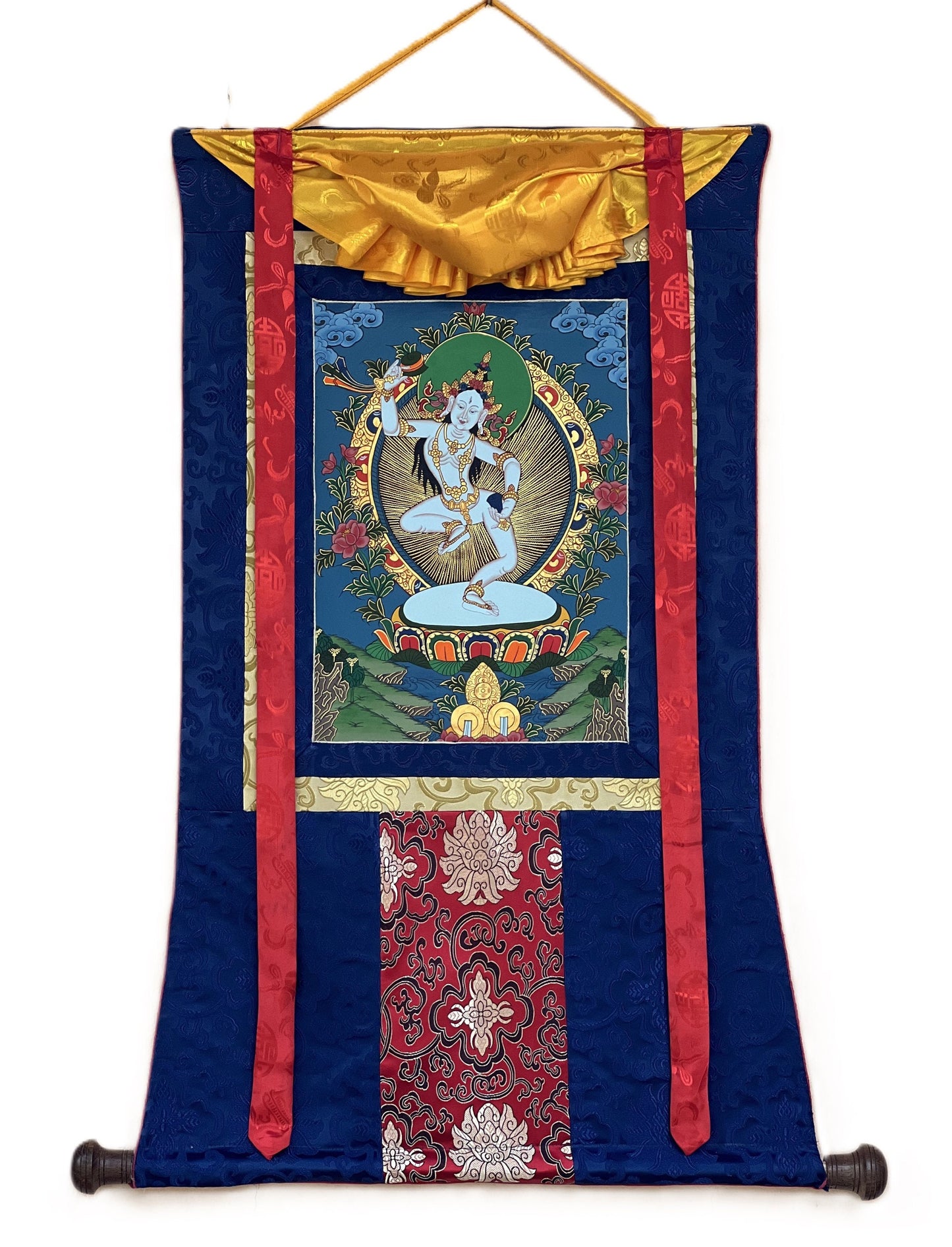 Hand-Painted Machig Labdron Thangka Painting with Silk Brocade