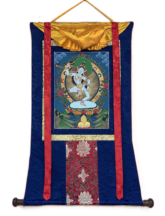 Hand-Painted Machig Labdron Thangka Painting with Silk Brocade
