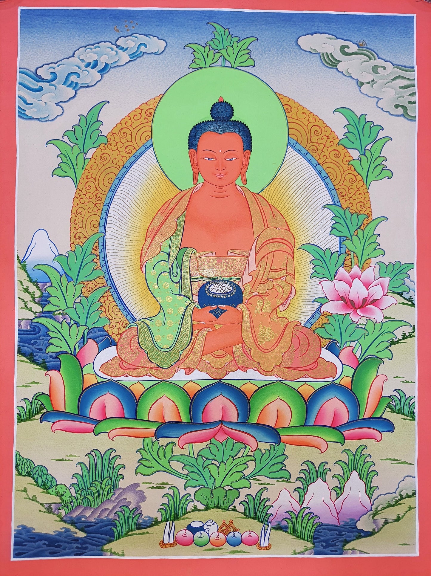 24k Gold Amitabha Buddha Thangka Painting, Tibetan Wall Hanging