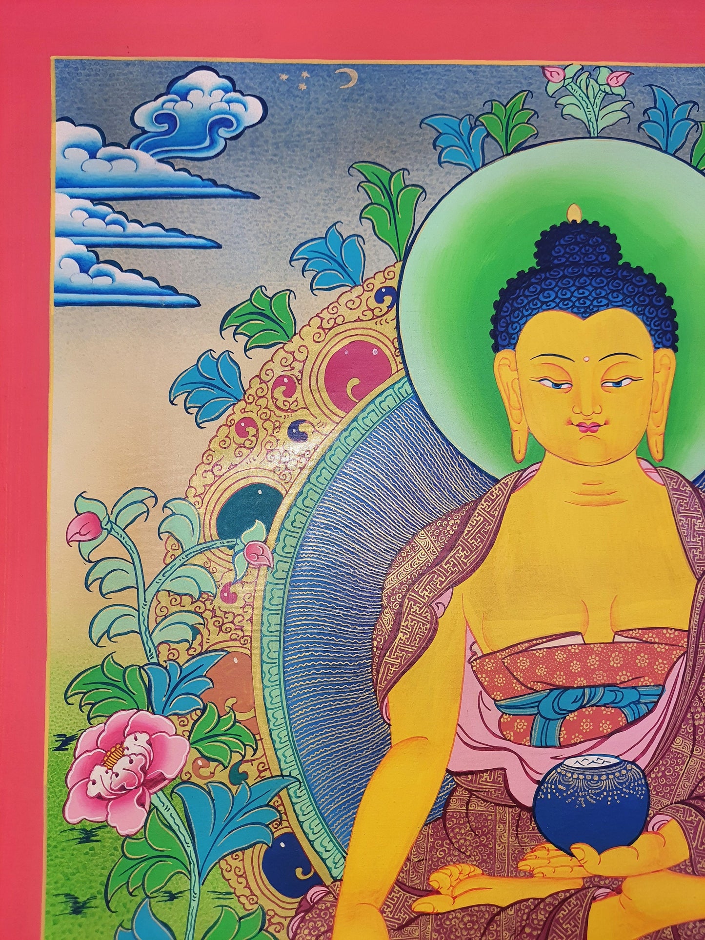 Hand Painted 24K Gold Shakyamuni Buddha Thangka, Smoky Tibetan Art