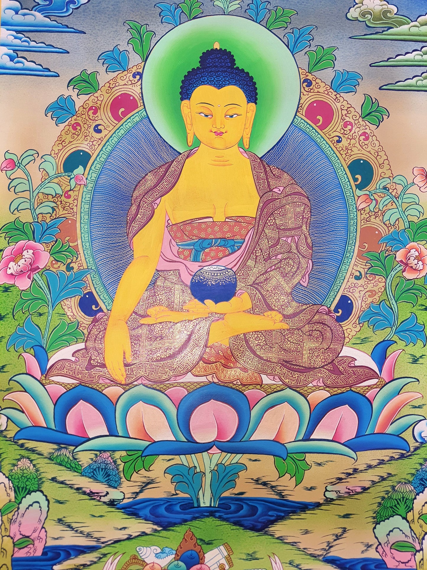 Hand Painted 24K Gold Shakyamuni Buddha Thangka, Smoky Tibetan Art